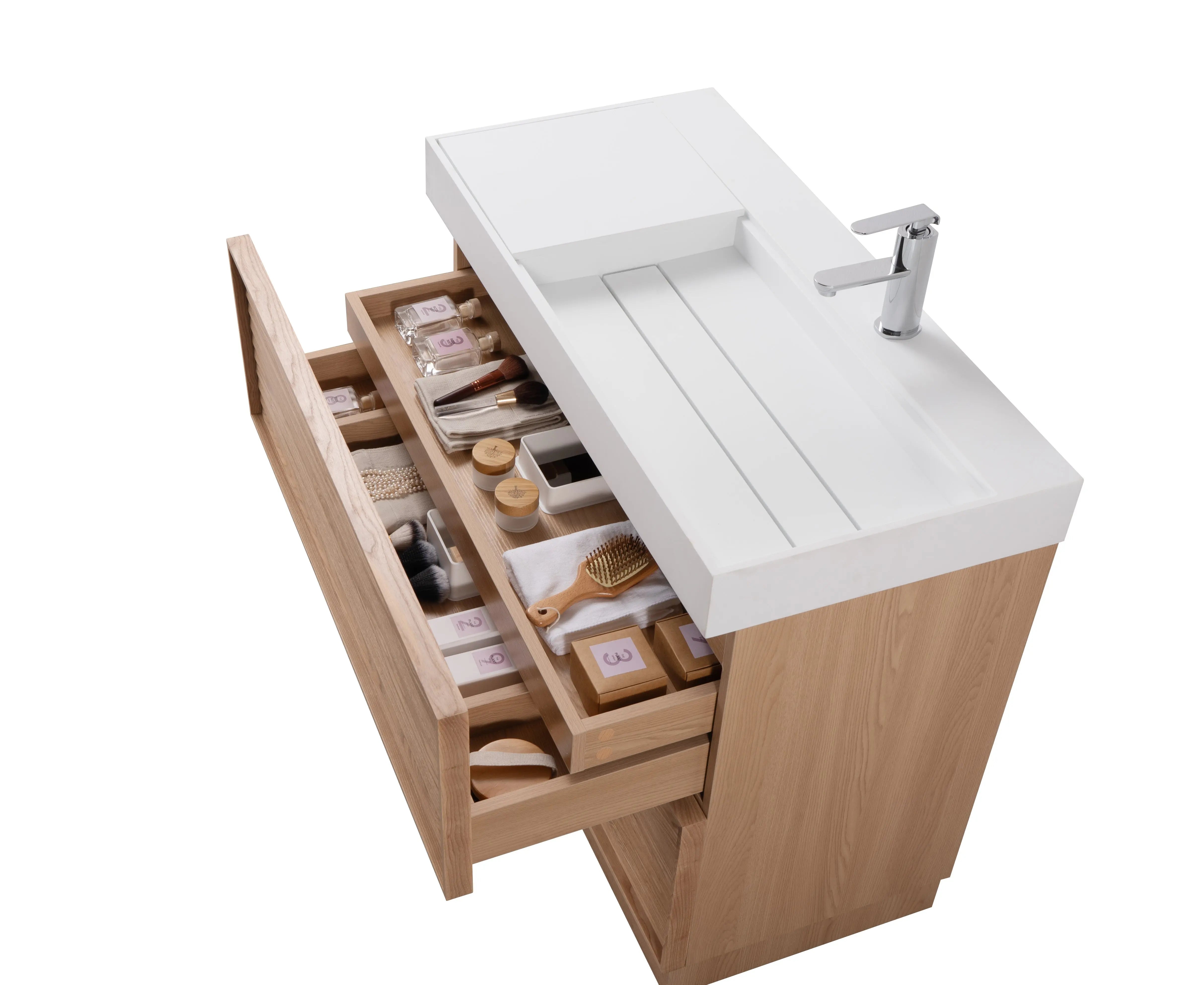 Nara 39.5 Natural Oak Cabinet, Solid Surface ORUS Infinity Sink, Freestanding Modern Vanity Set