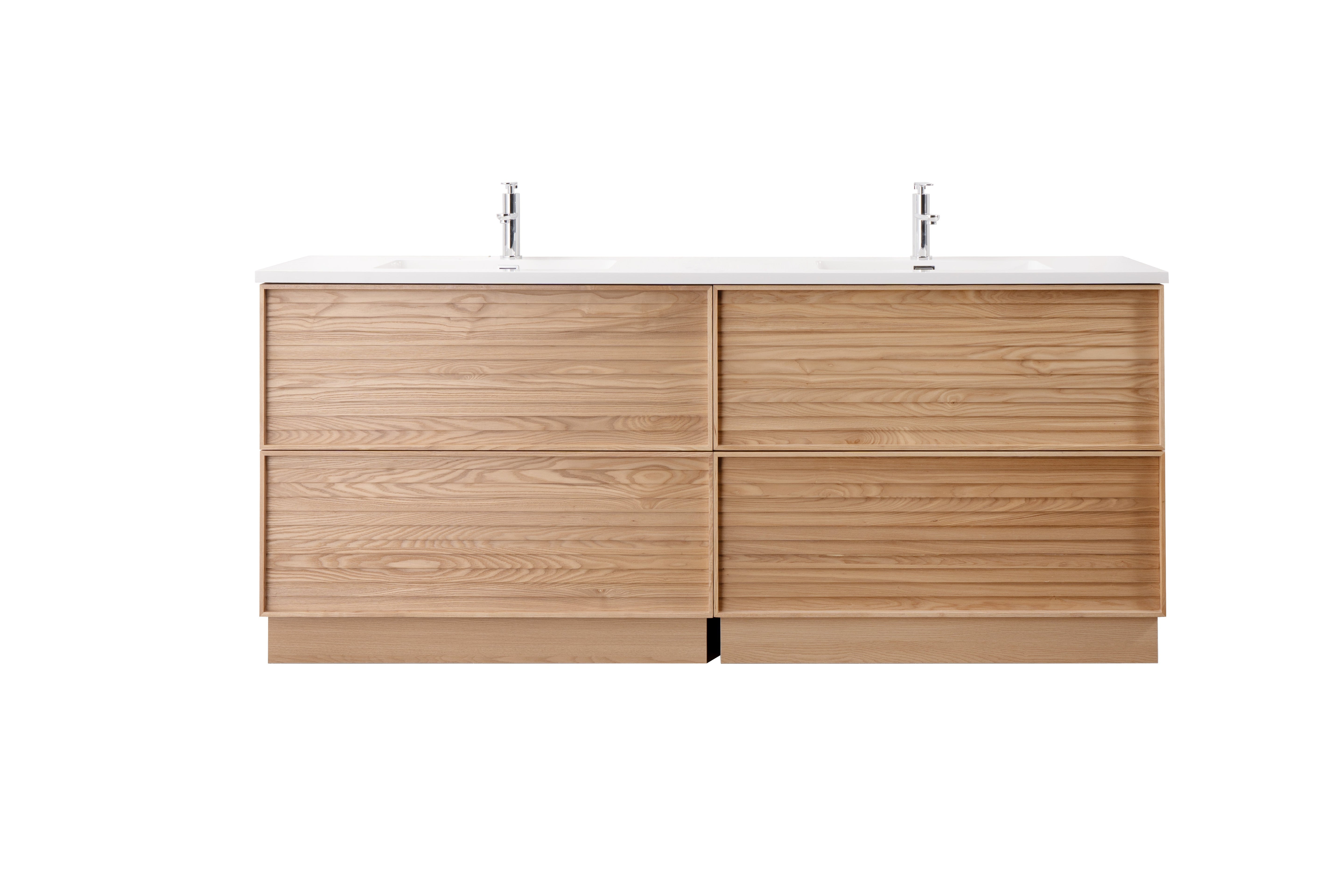 Nara 80" Double Natural Oak Cabinet, Solid Surface ORUS Infinity Sink, Freestanding Modern Vanity Set