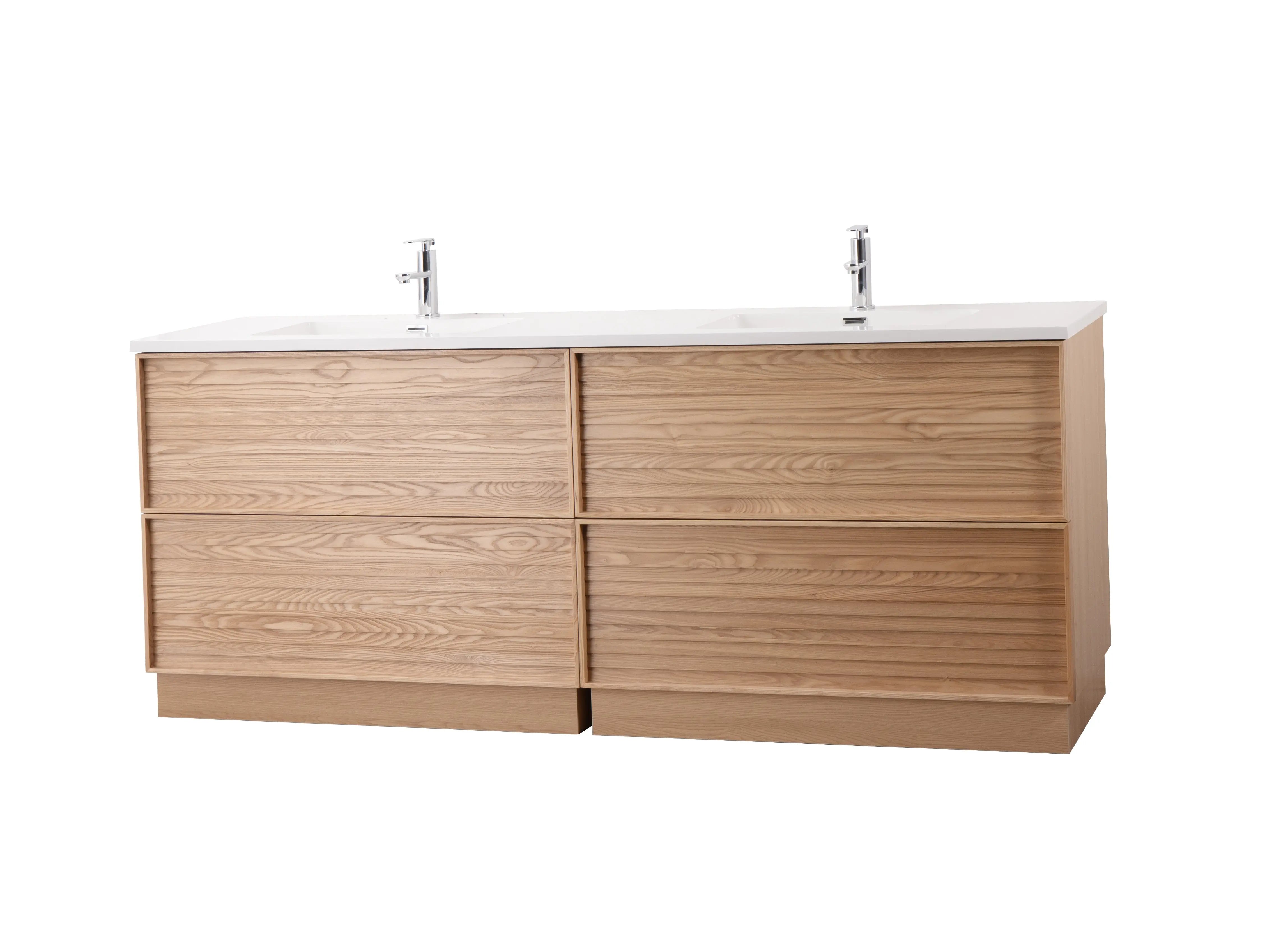 Nara 80" Double Natural Oak Cabinet, Solid Surface ORUS Infinity Sink, Freestanding Modern Vanity Set