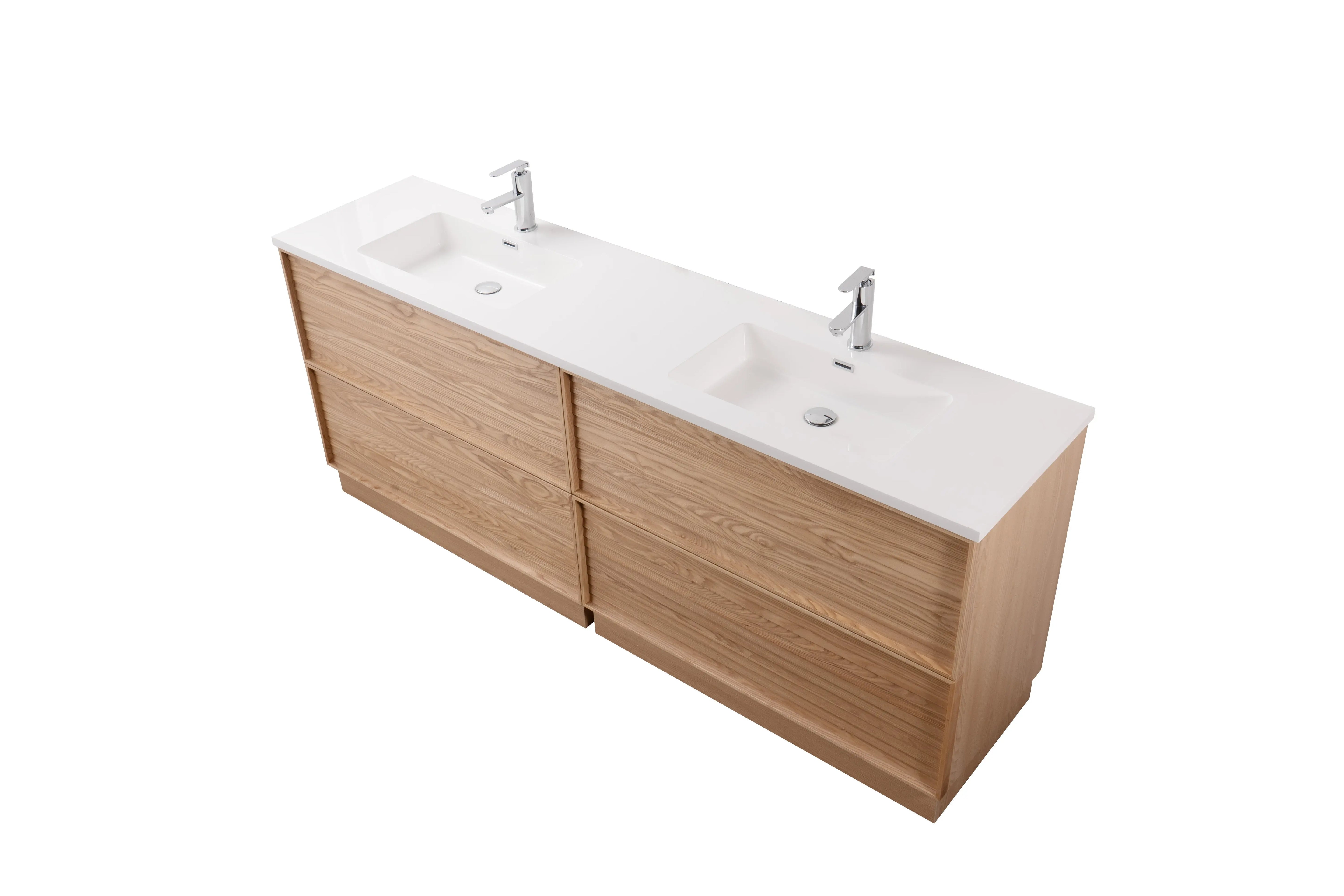 Nara 80" Double Natural Oak Cabinet, Solid Surface ORUS Infinity Sink, Freestanding Modern Vanity Set