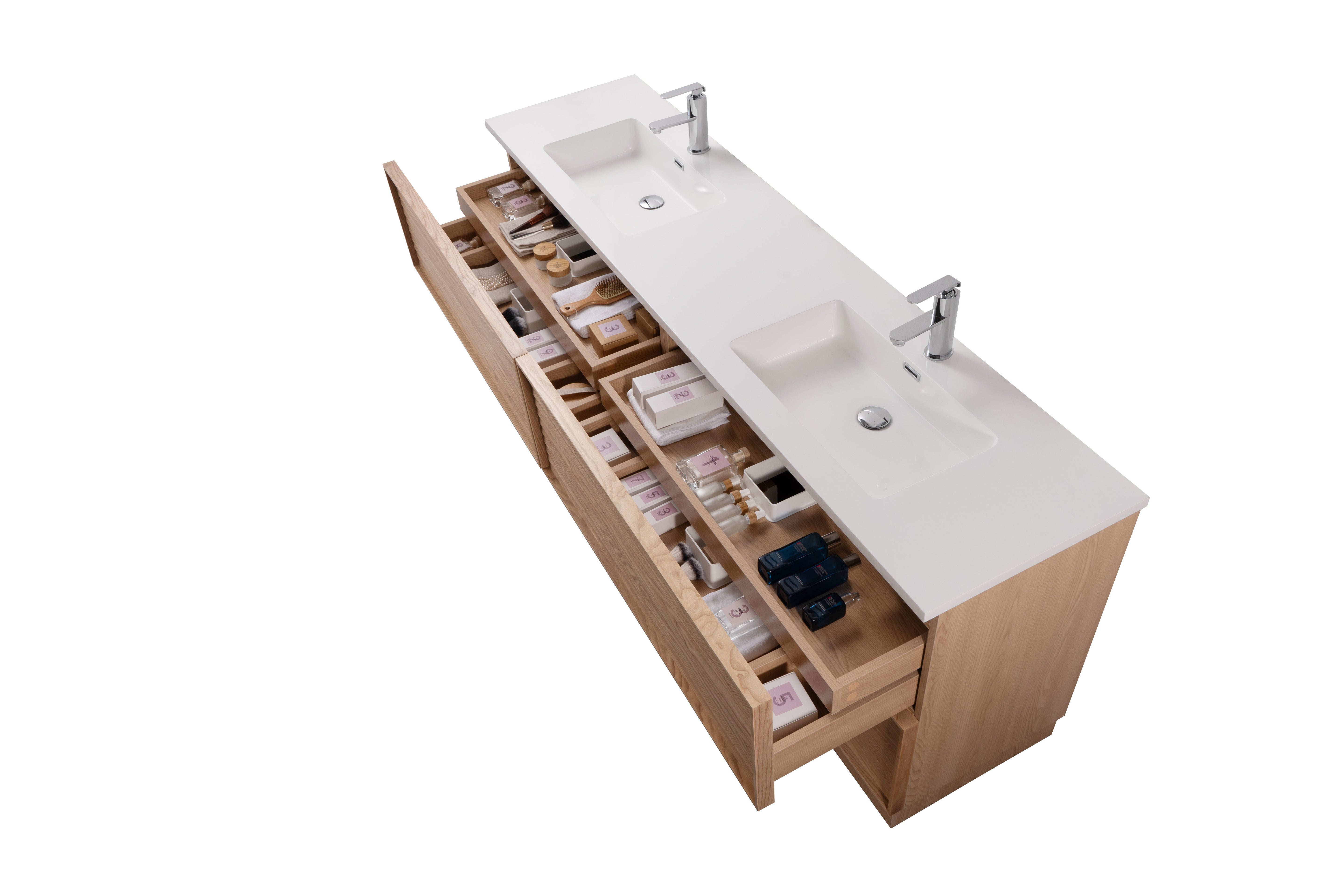 Nara 80" Double Natural Oak Cabinet, Solid Surface ORUS Infinity Sink, Freestanding Modern Vanity Set