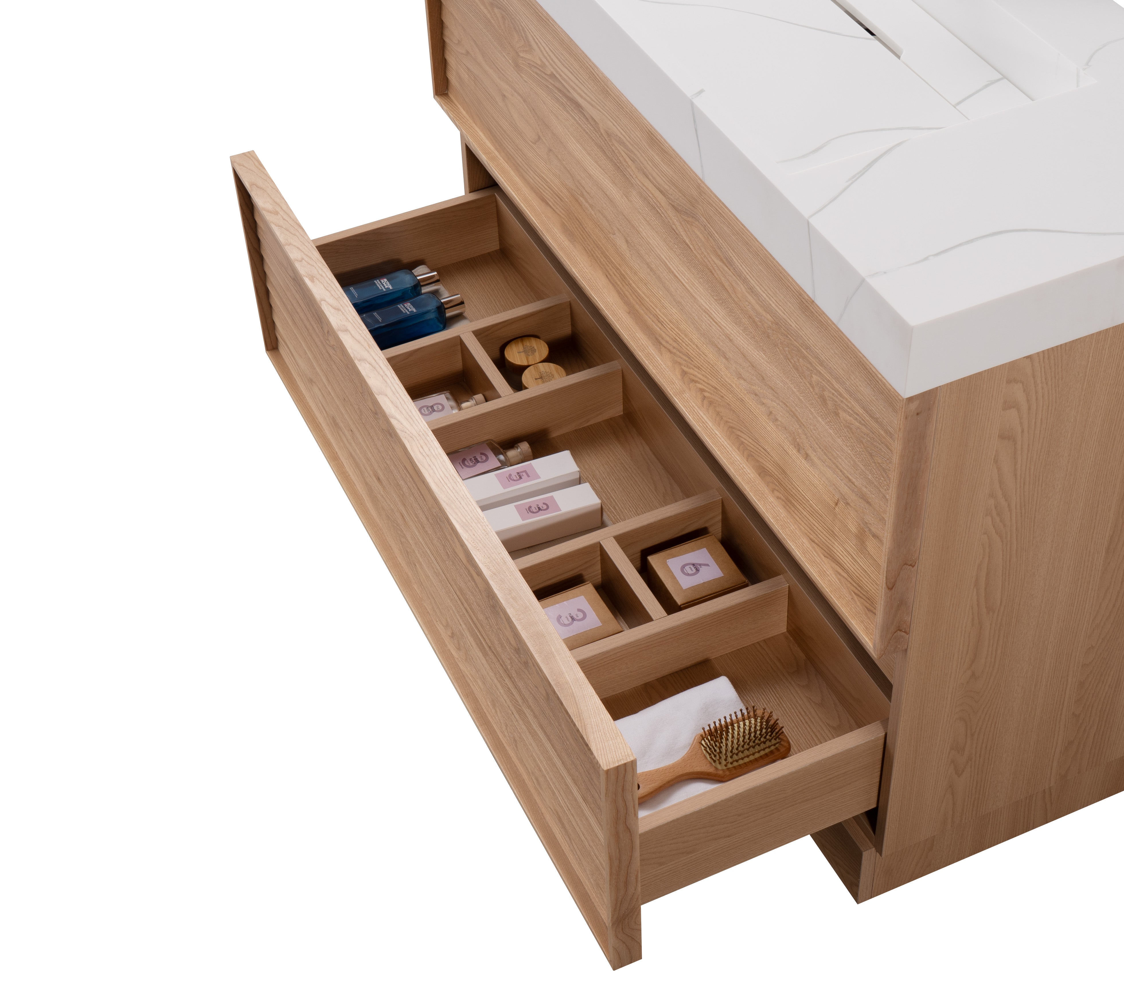 Nara 39.5 Single Natural Oak Cabinet, Solid Surface CARRARA Infinity Sink, Freestanding Modern Vanity Set (Copy)