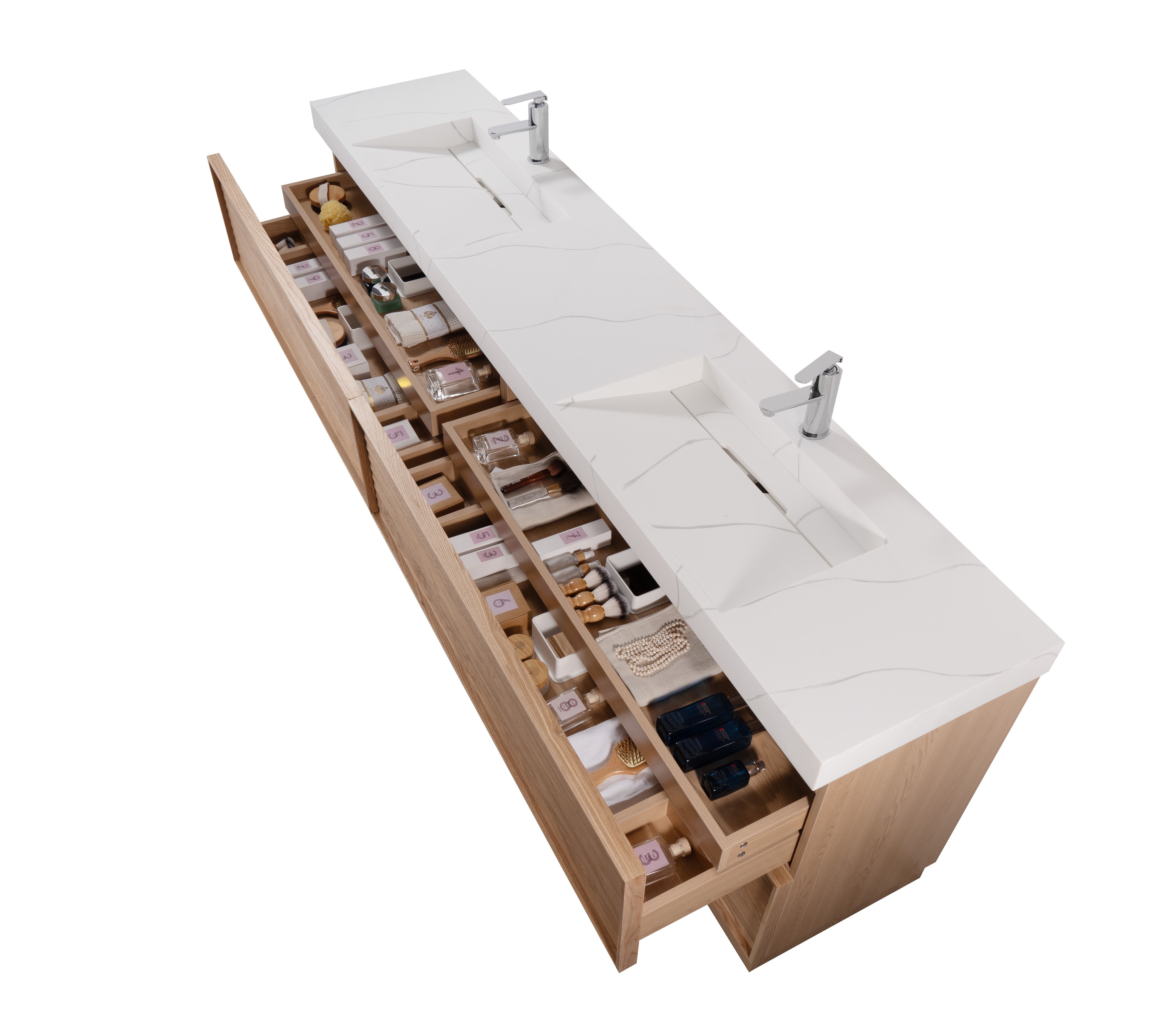 Nara 96" Double Natural Oak Cabinet, Solid Surface CARRARA Infinity Sink, Freestanding Modern Vanity Set (Copy)