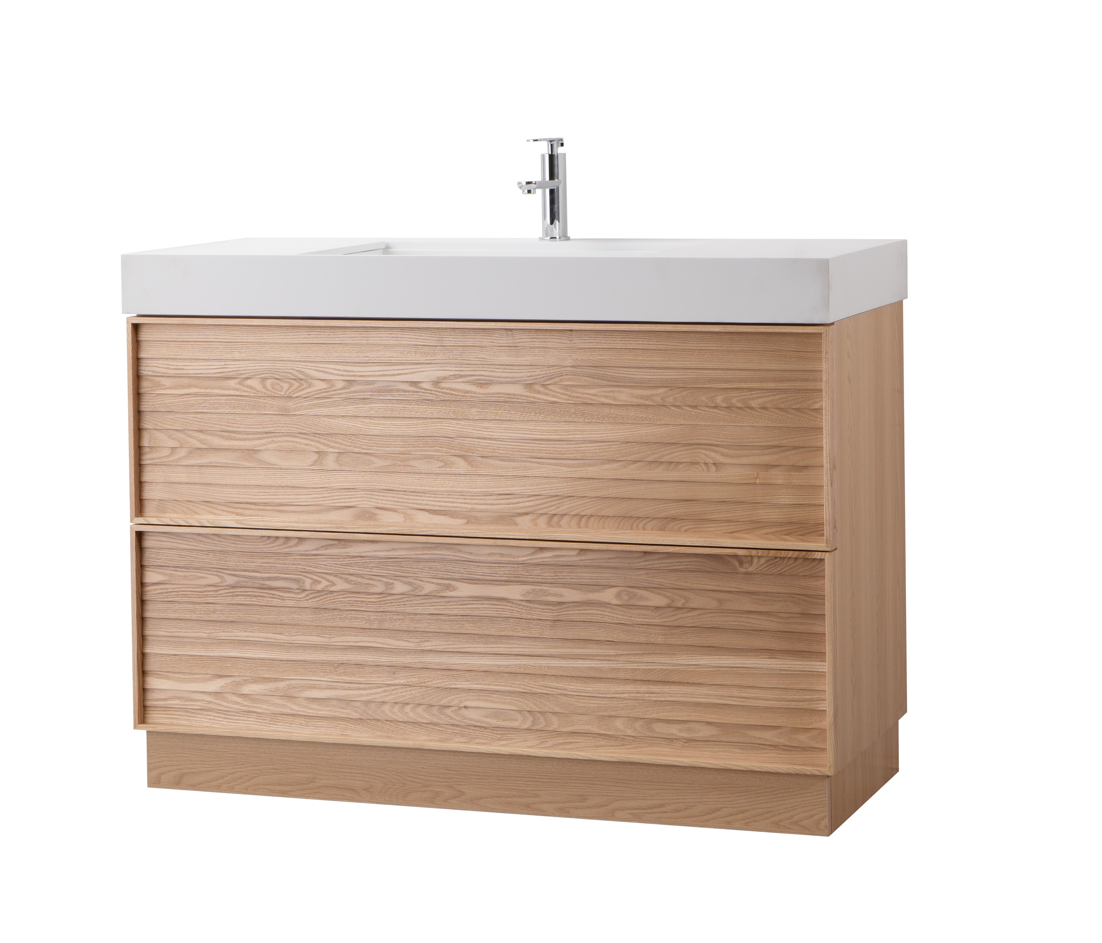Nara 47.5 Single Natural Oak Cabinet, Solid Surface ORUS Infinity Sink, Freestanding Modern Vanity Set