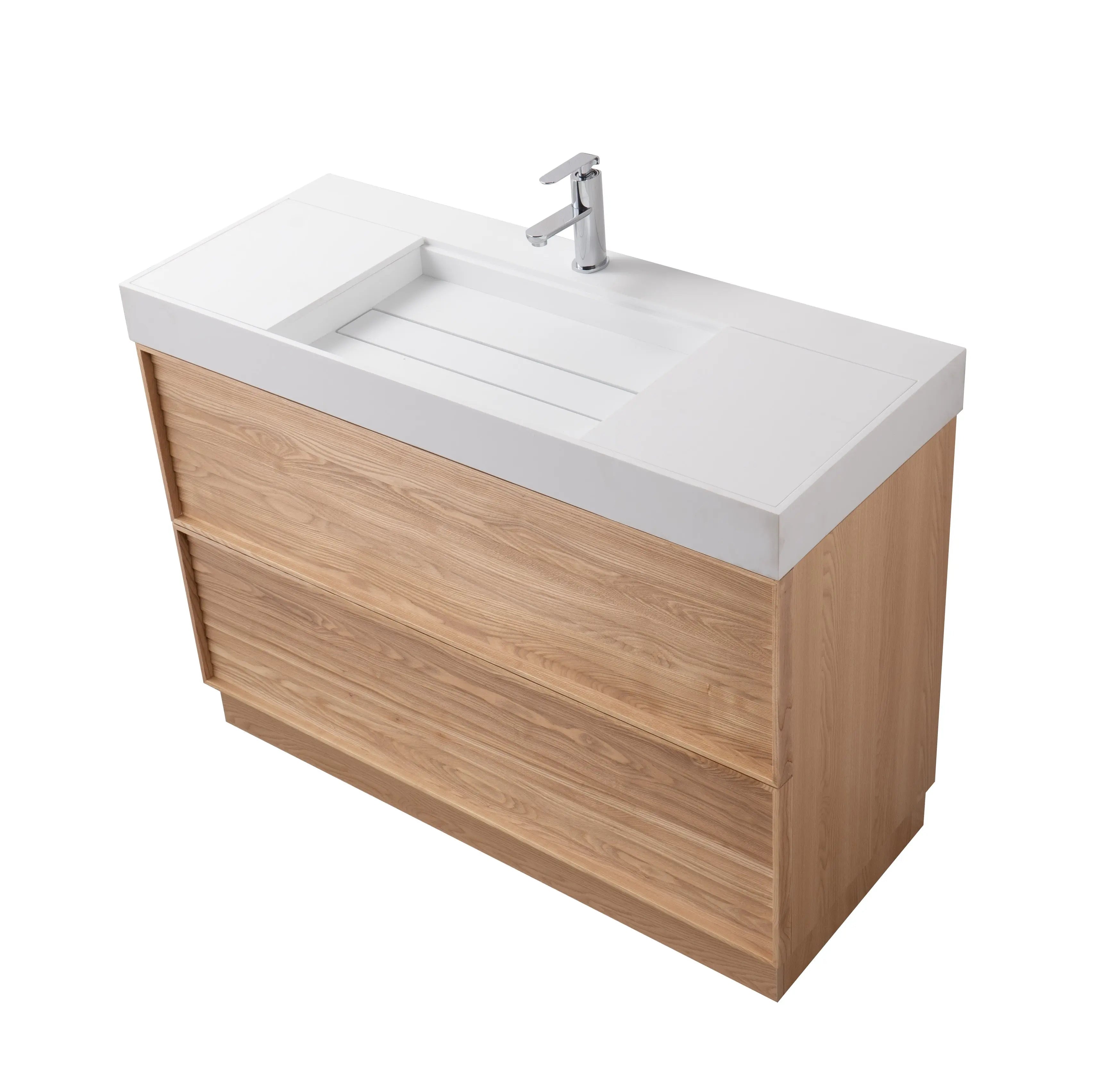 Nara 47.5 Single Natural Oak Cabinet, Solid Surface ORUS Infinity Sink, Freestanding Modern Vanity Set