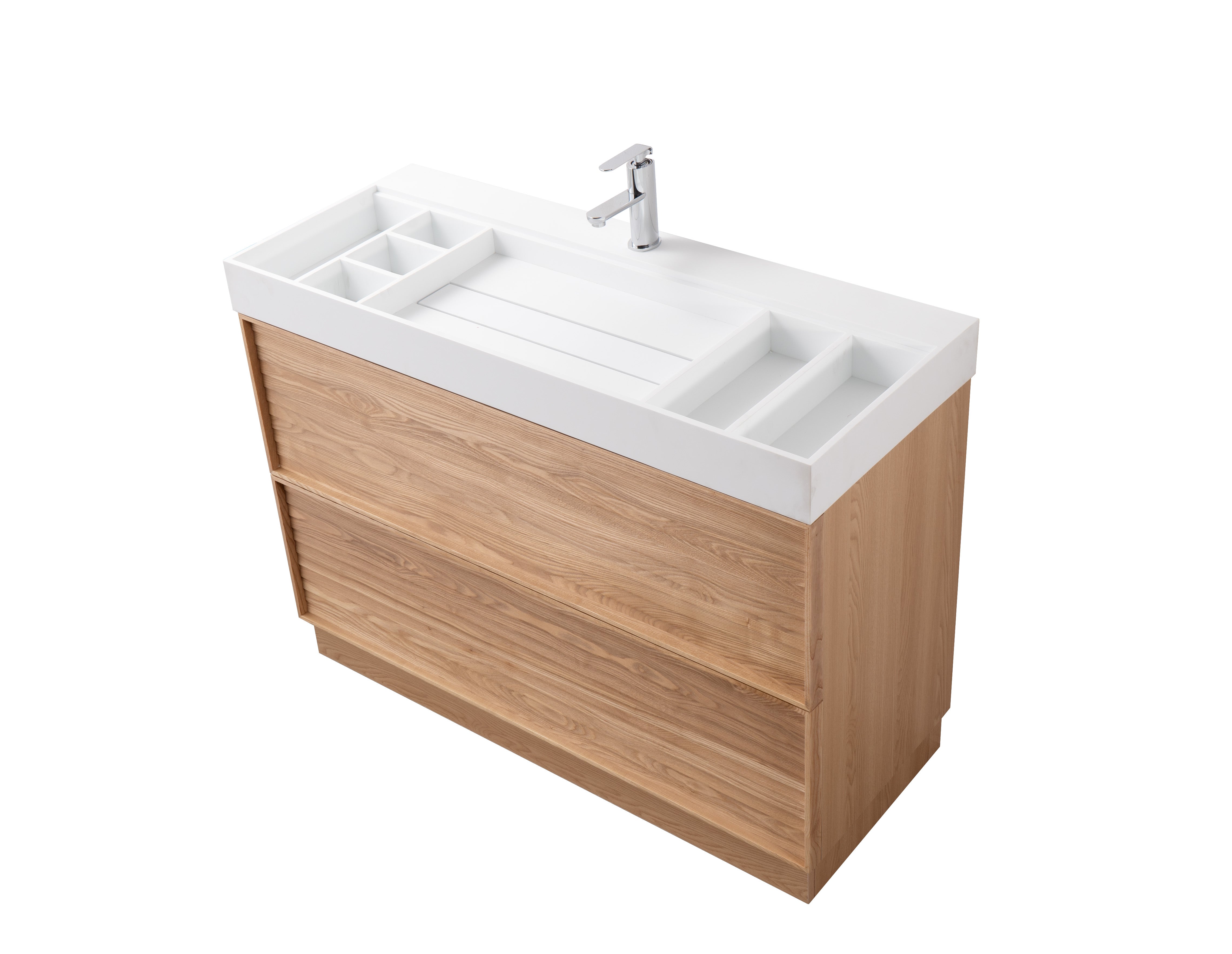 Nara 47.5 Single Natural Oak Cabinet, Solid Surface ORUS Infinity Sink, Freestanding Modern Vanity Set