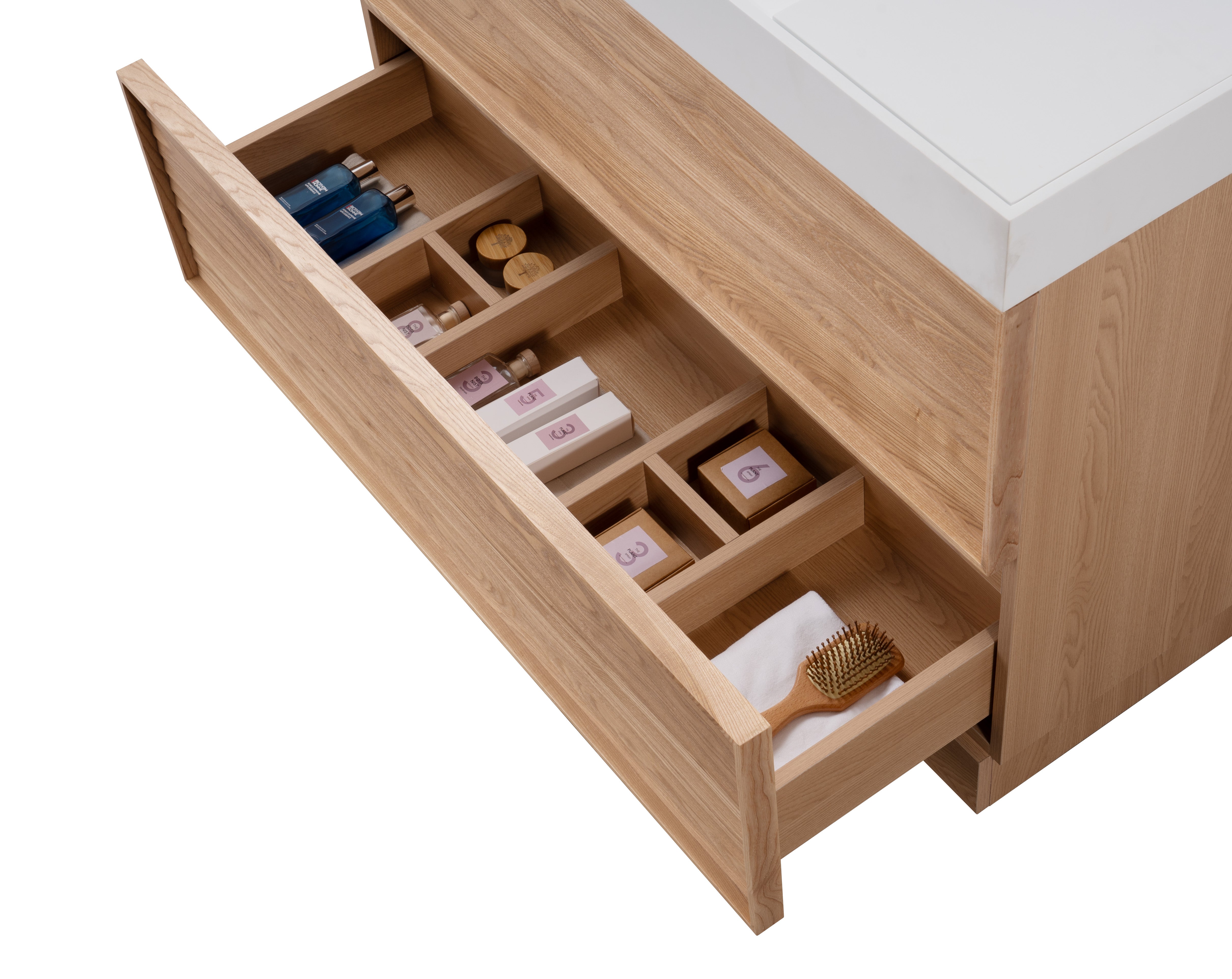 Nara 47.5 Single Natural Oak Cabinet, Solid Surface ORUS Infinity Sink, Freestanding Modern Vanity Set