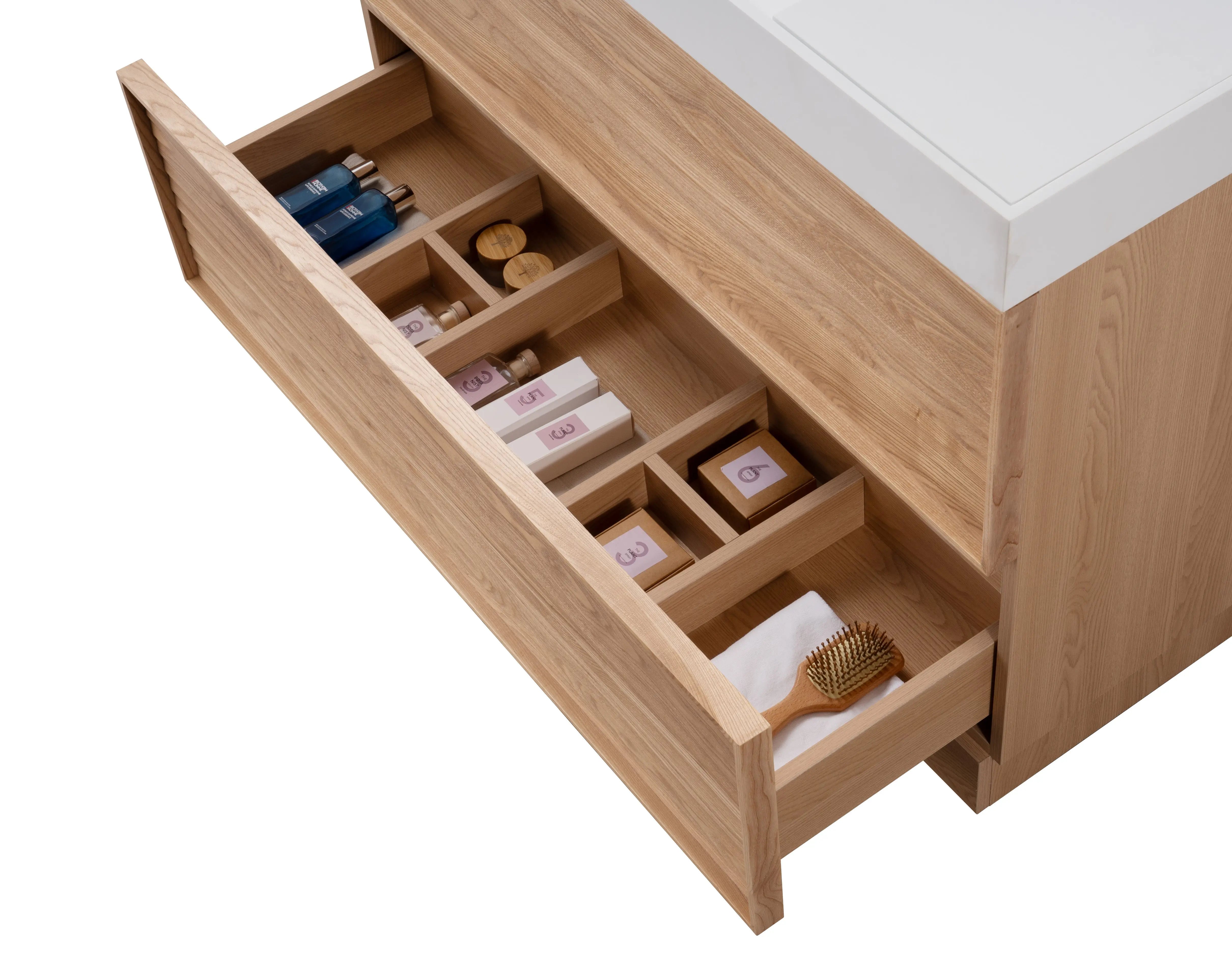 Nara 47.5 Single Natural Oak Cabinet, Solid Surface ORUS Infinity Sink, Freestanding Modern Vanity Set
