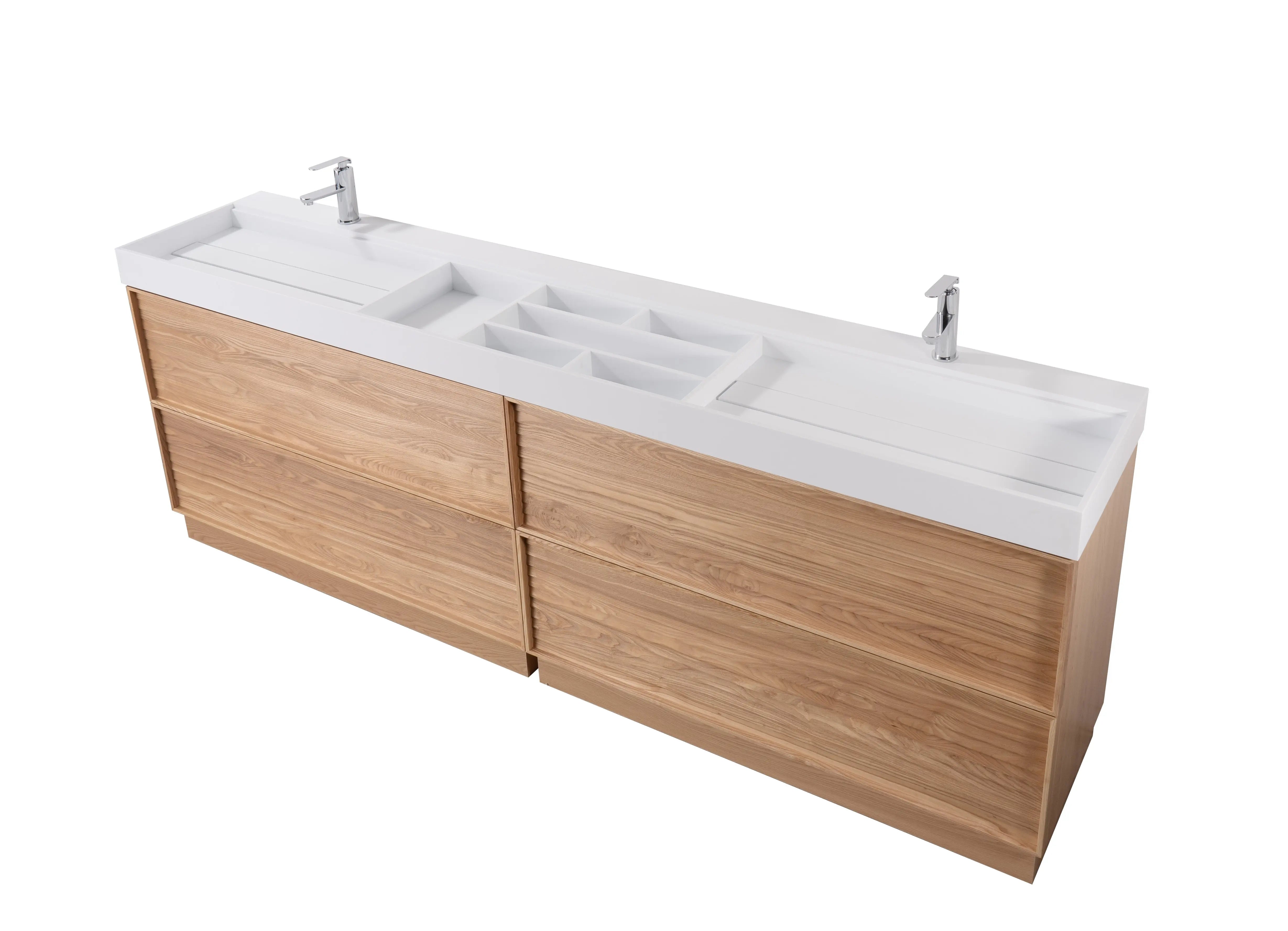 Nara 96" Double Natural Oak Cabinet, Solid Surface ORUS Infinity Sink, Freestanding Modern Vanity Set