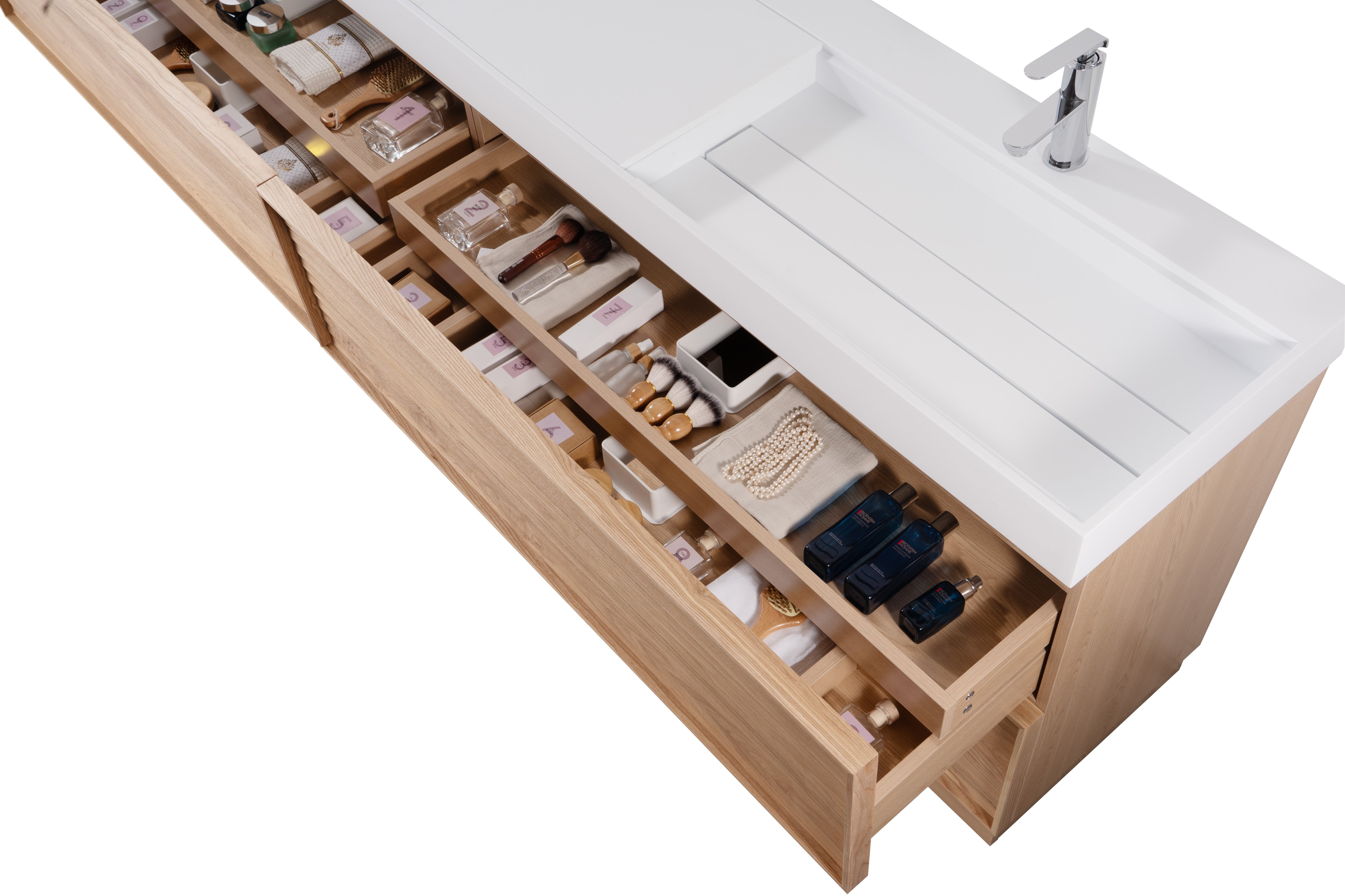 Nara 96" Double Natural Oak Cabinet, Solid Surface ORUS Infinity Sink, Freestanding Modern Vanity Set