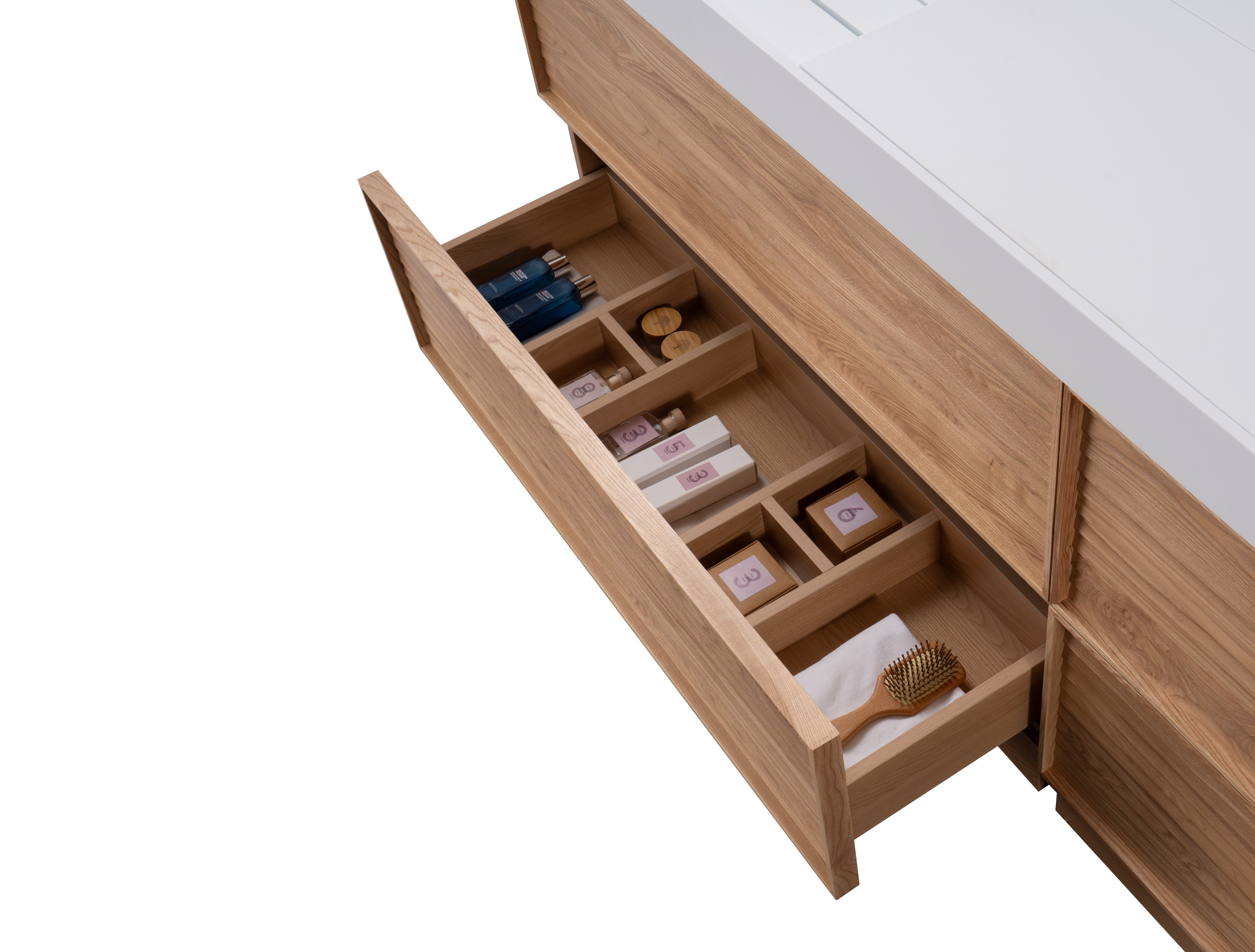 Nara 96" Double Natural Oak Cabinet, Solid Surface ORUS Infinity Sink, Freestanding Modern Vanity Set