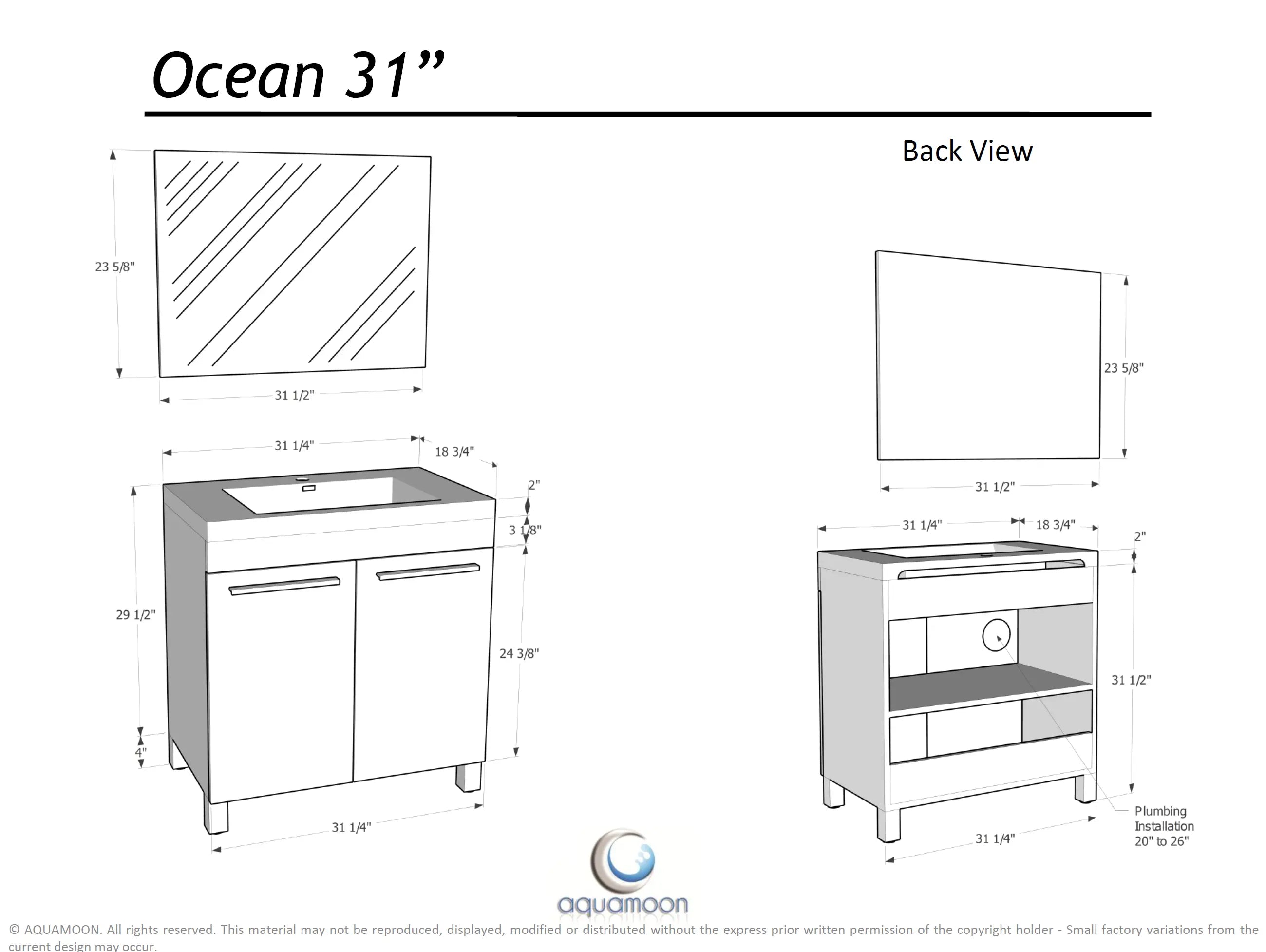 Ocean 31.5 White High Gloss Cabinet, Square Cultured Marble Sink, Free Standing Vanity Set
