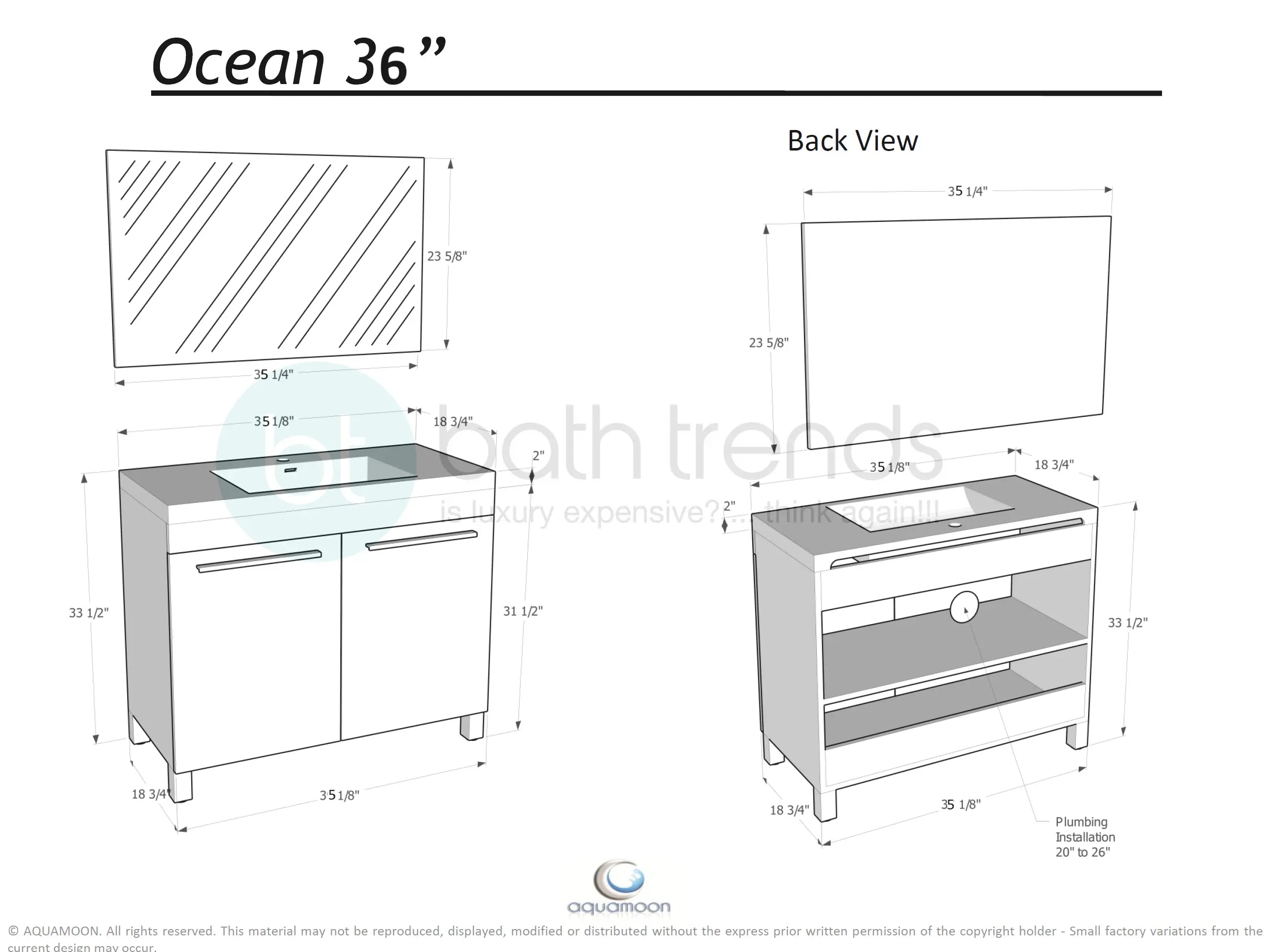 Ocean 35.5 White High Gloss Cabinet, Square Cultured Marble Sink, Free Standing Vanity Set