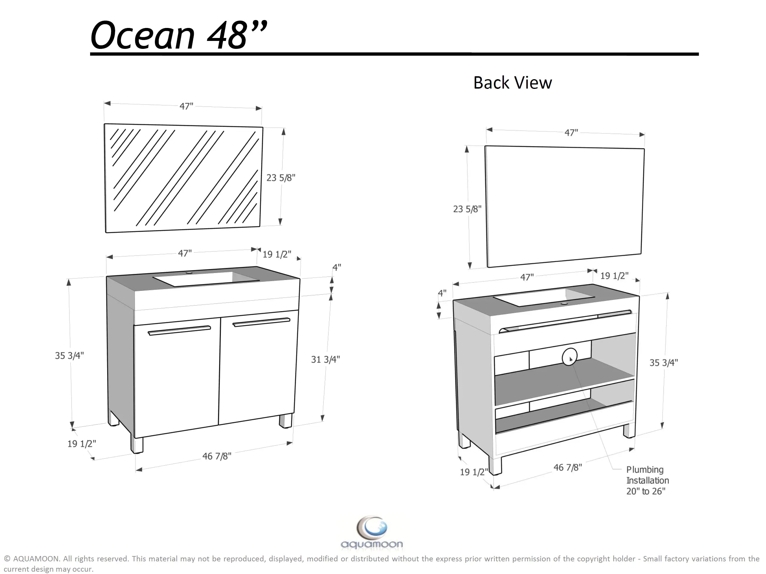 Ocean 47.5 White High Gloss Cabinet, Square Cultured Marble Sink, Free Standing Vanity Set