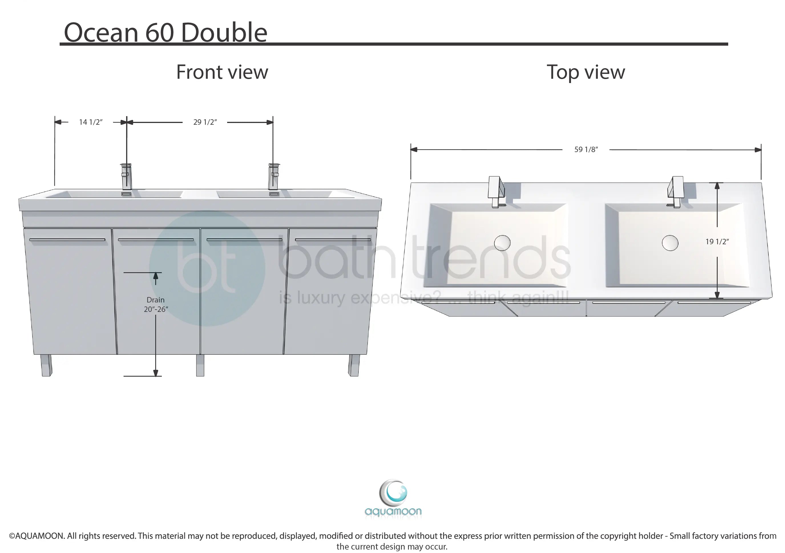 Ocean 59 White High Gloss Cabinet, Square Cultured Marble Sink, Free Standing Vanity Set