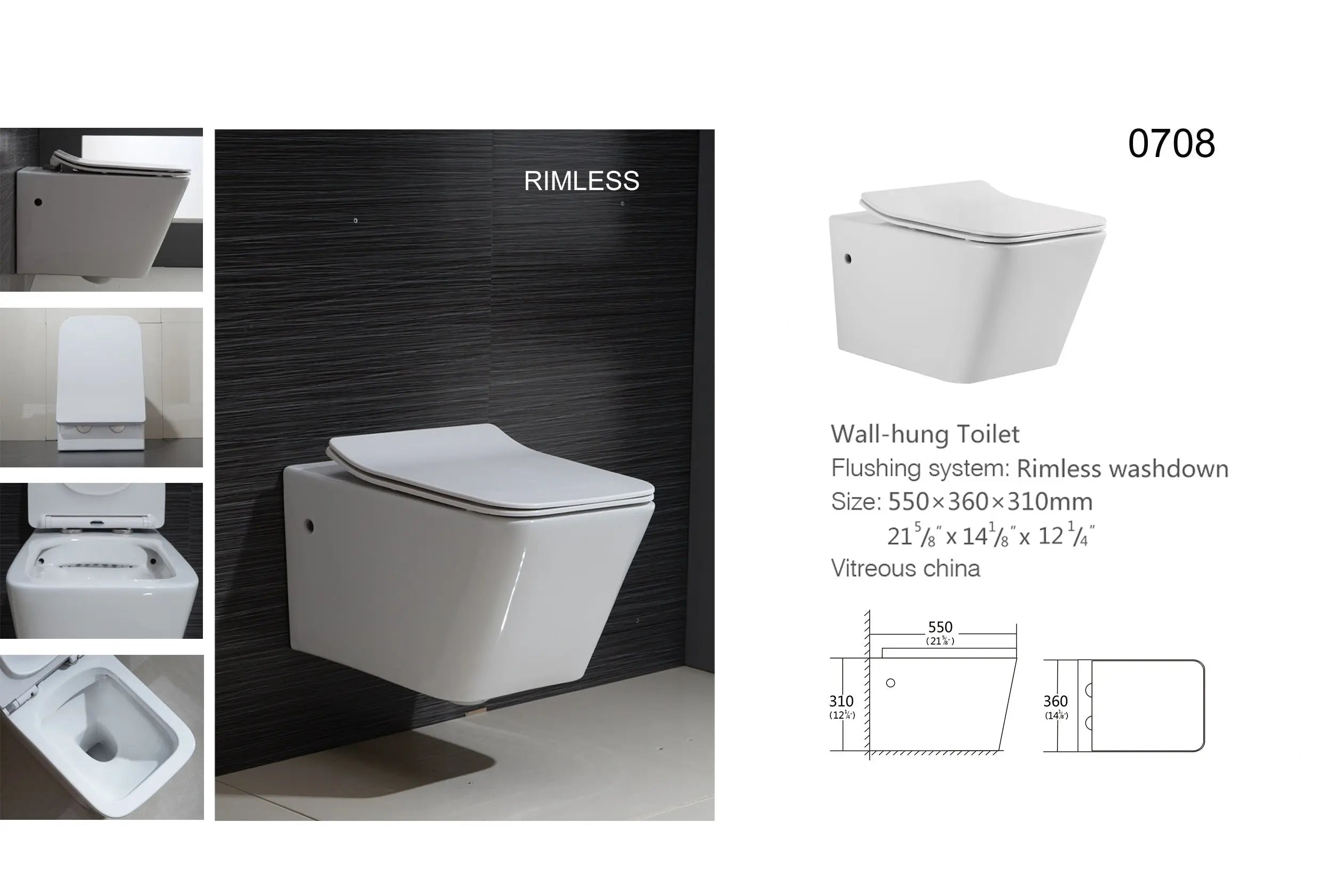 Aquamoon 708 Square Wall-Hung Dual Flush Elongated One Piece Toilet with Soft Closing Seat, Water Sense, High-Efficiency, Color White
