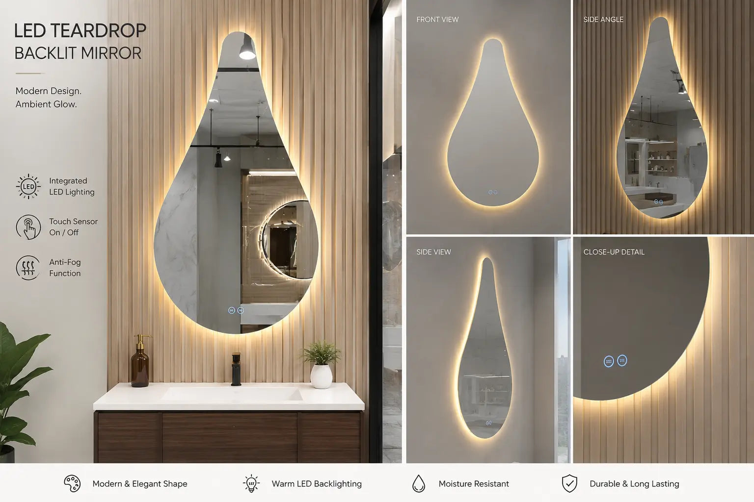 Aquamoon TearDrop LED Bathroom Mirror 31" x 48" Wall Mounted With Bottom Front Touch On/Off 6000K High Lumen