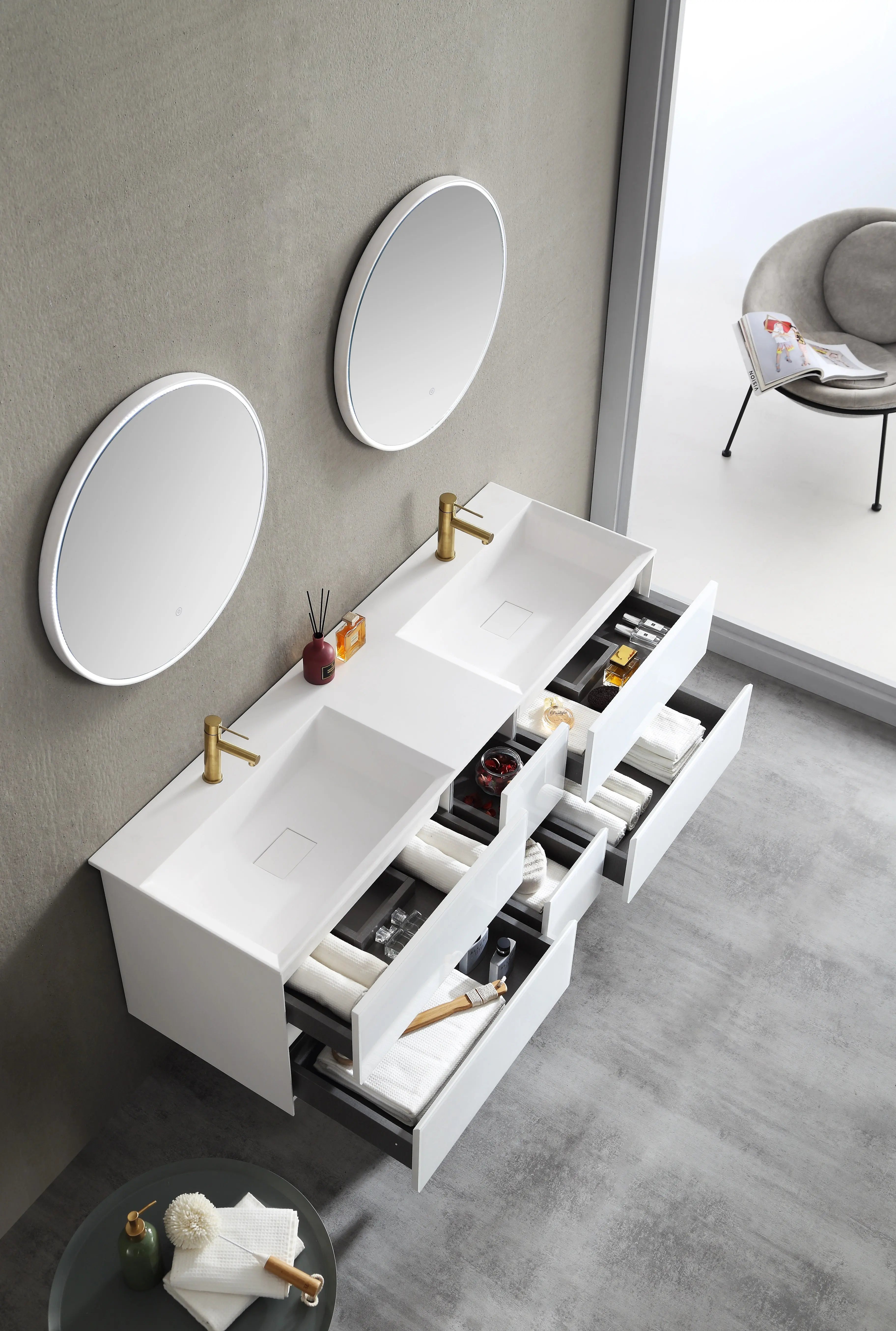 Essenza 59.5" Cabinet, Square Cultured Marble Sink, Wall Mounted Modern Double Vanity Set