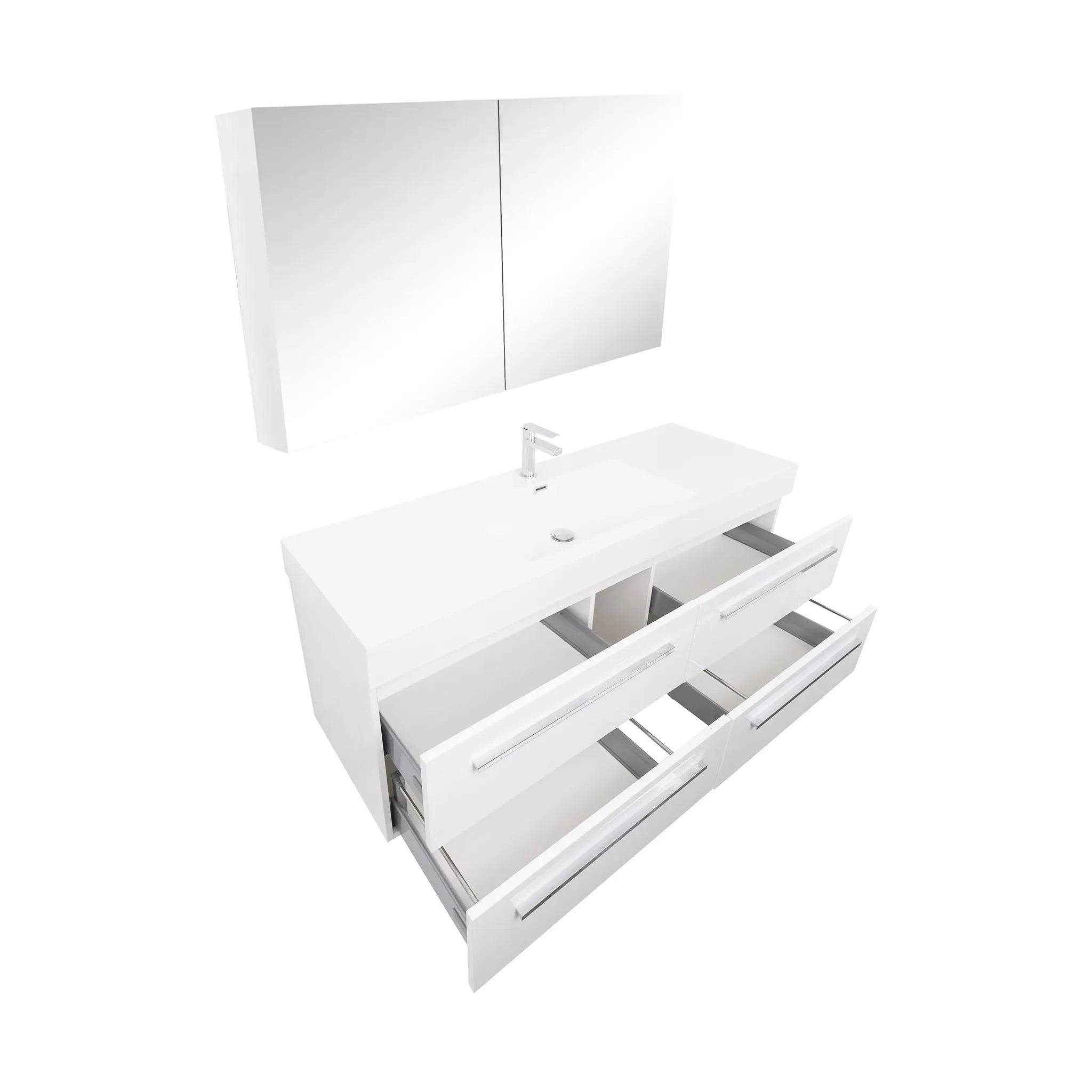 Maya 59 White High Gloss Cabinet, Square Cultured Marble Sink, Wall Mounted Modern Vanity Set
