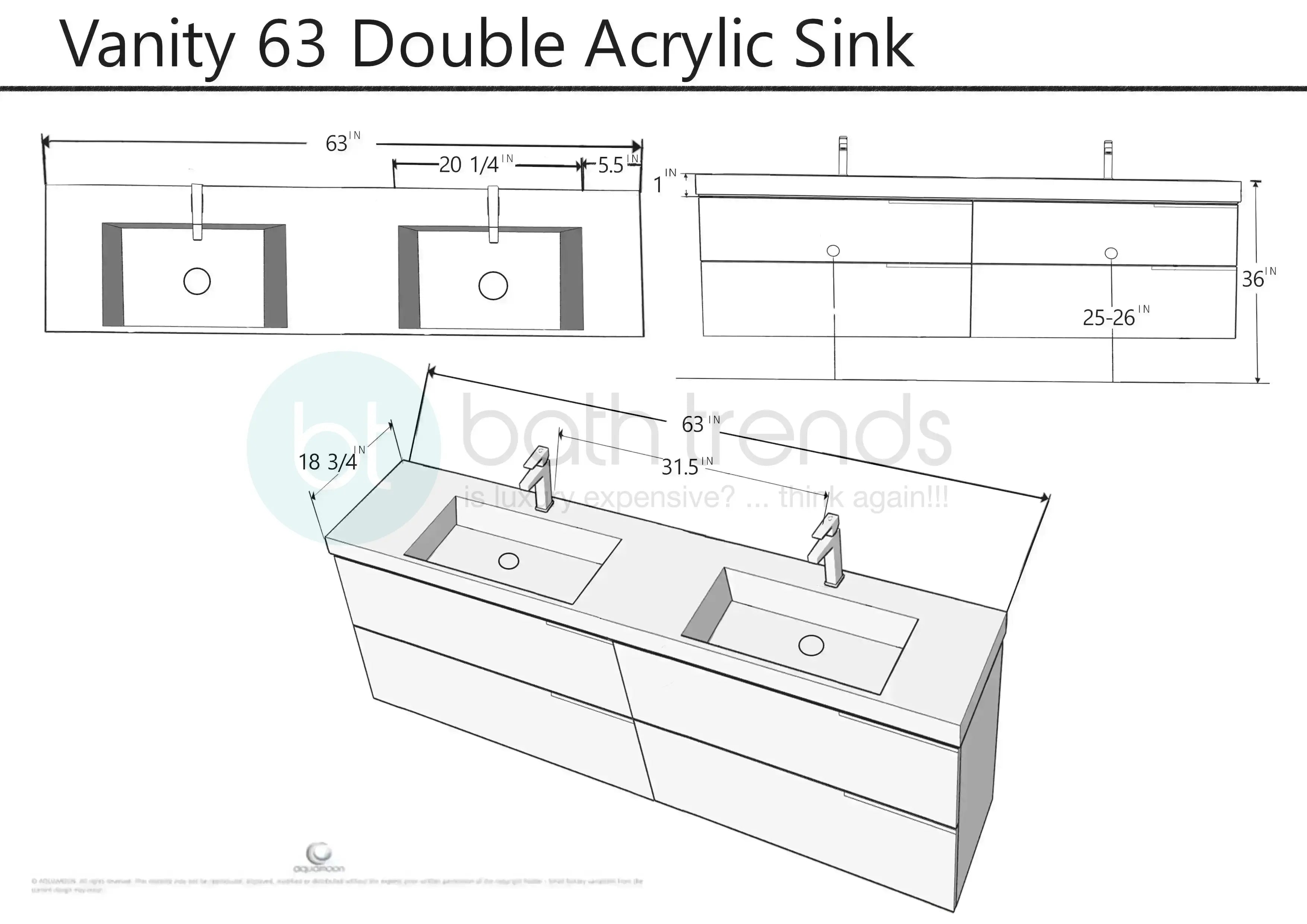 Vision 63 Natural Light Wood Cabinet, Square Cultured Marble Double Sink, Wall Mounted Modern Vanity Set Bath Trends USA