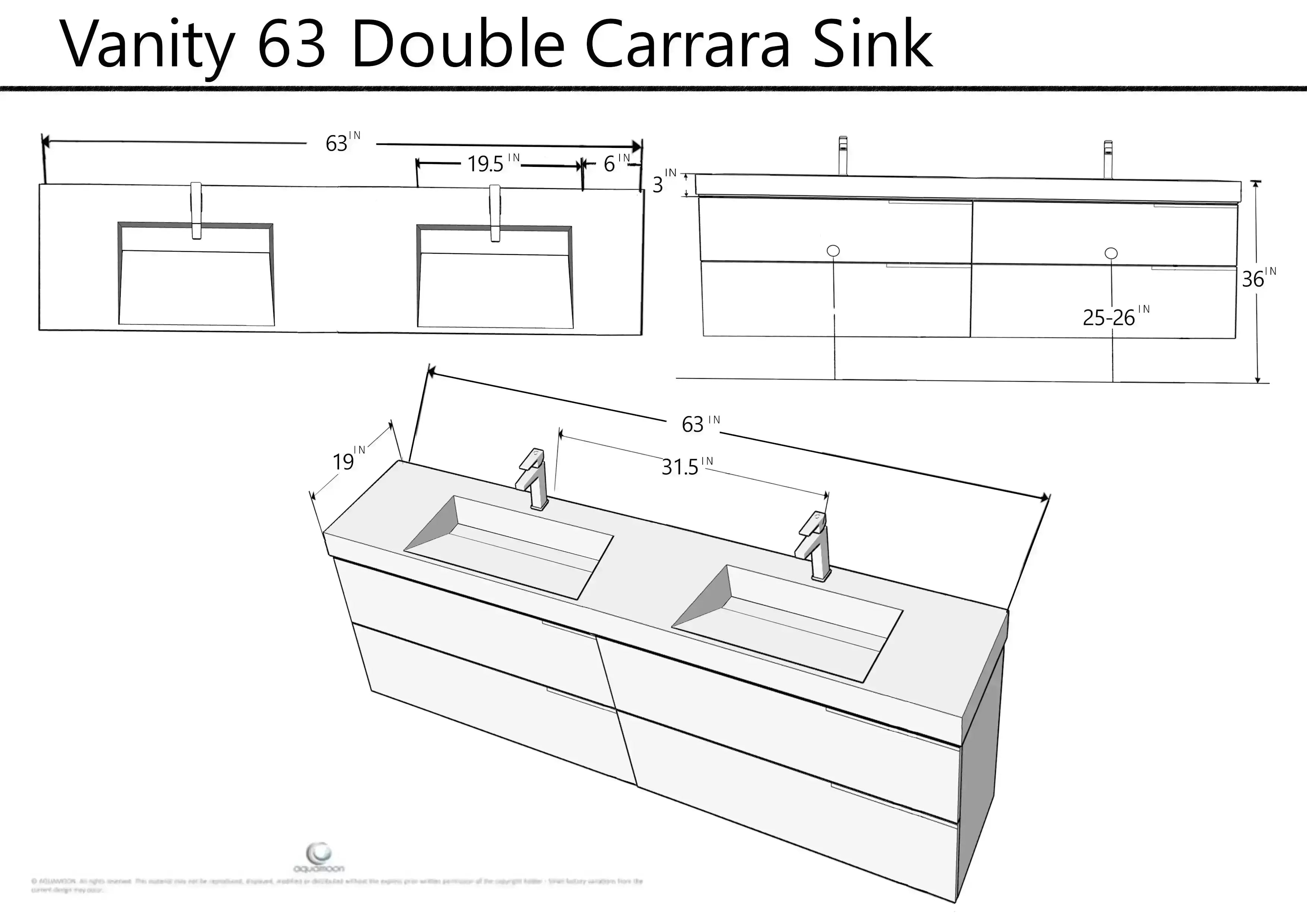 Piazza 63 Matte White With White Handle Cabinet, Solid Surface Matte White Carrara Infinity Double Sink, Wall Mounted Modern Vanity Set