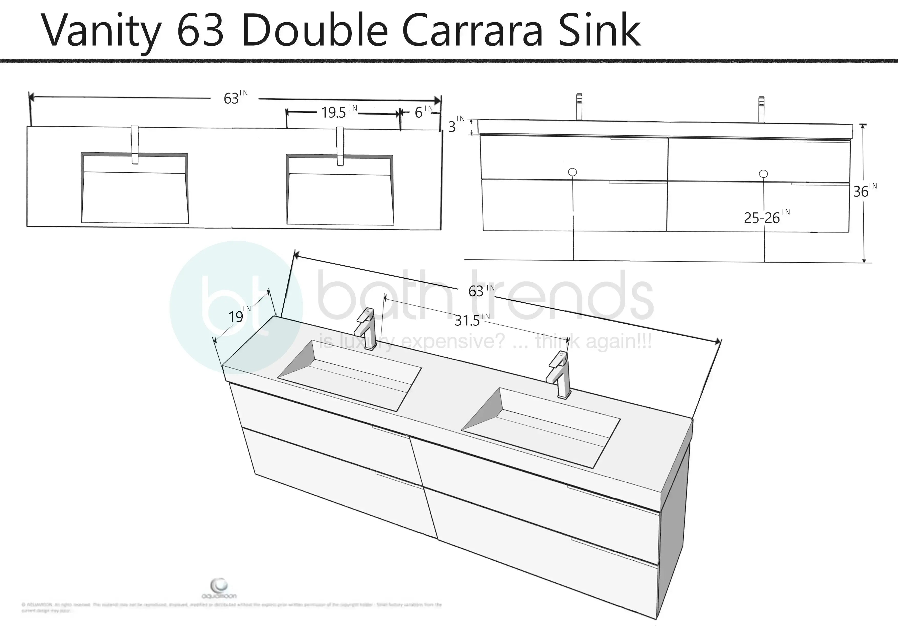 Piazza 63 Matte White With White Handle Cabinet, Solid Surface Matte White Carrara Infinity Double Sink, Wall Mounted Modern Vanity Set