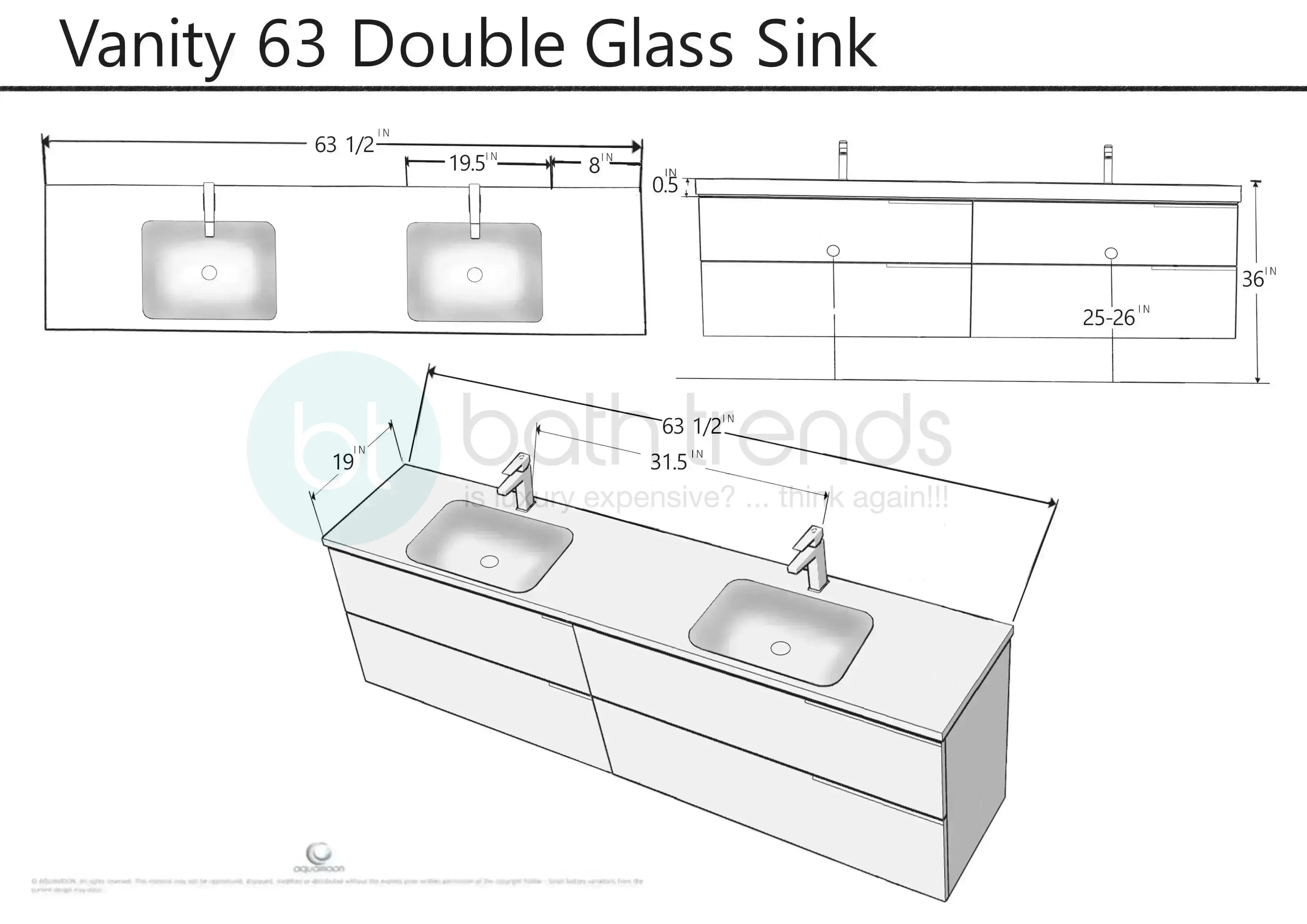 Mallorca 63 Matte White Cabinet, White Tempered Glass Double Sink, Wall Mounted Modern Vanity Set Bath Trends USA