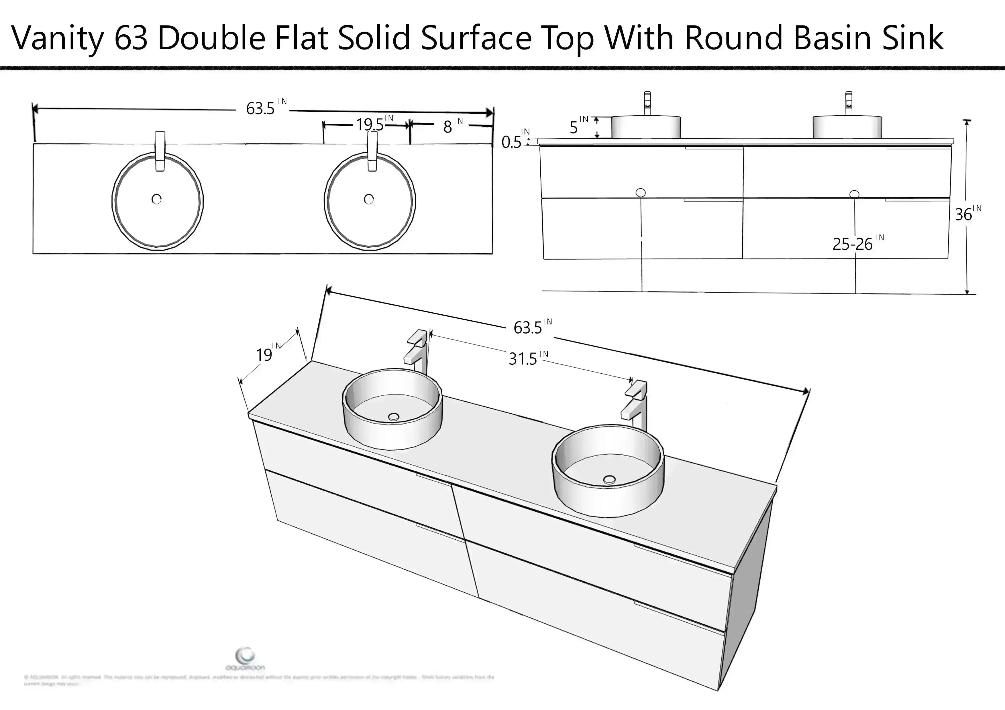 Venice 63 Anthracite High Gloss Cabinet, Solid Surface Flat White Counter And Two Round Solid Surface White Basin 1386, Wall Mounted Modern Vanity Set