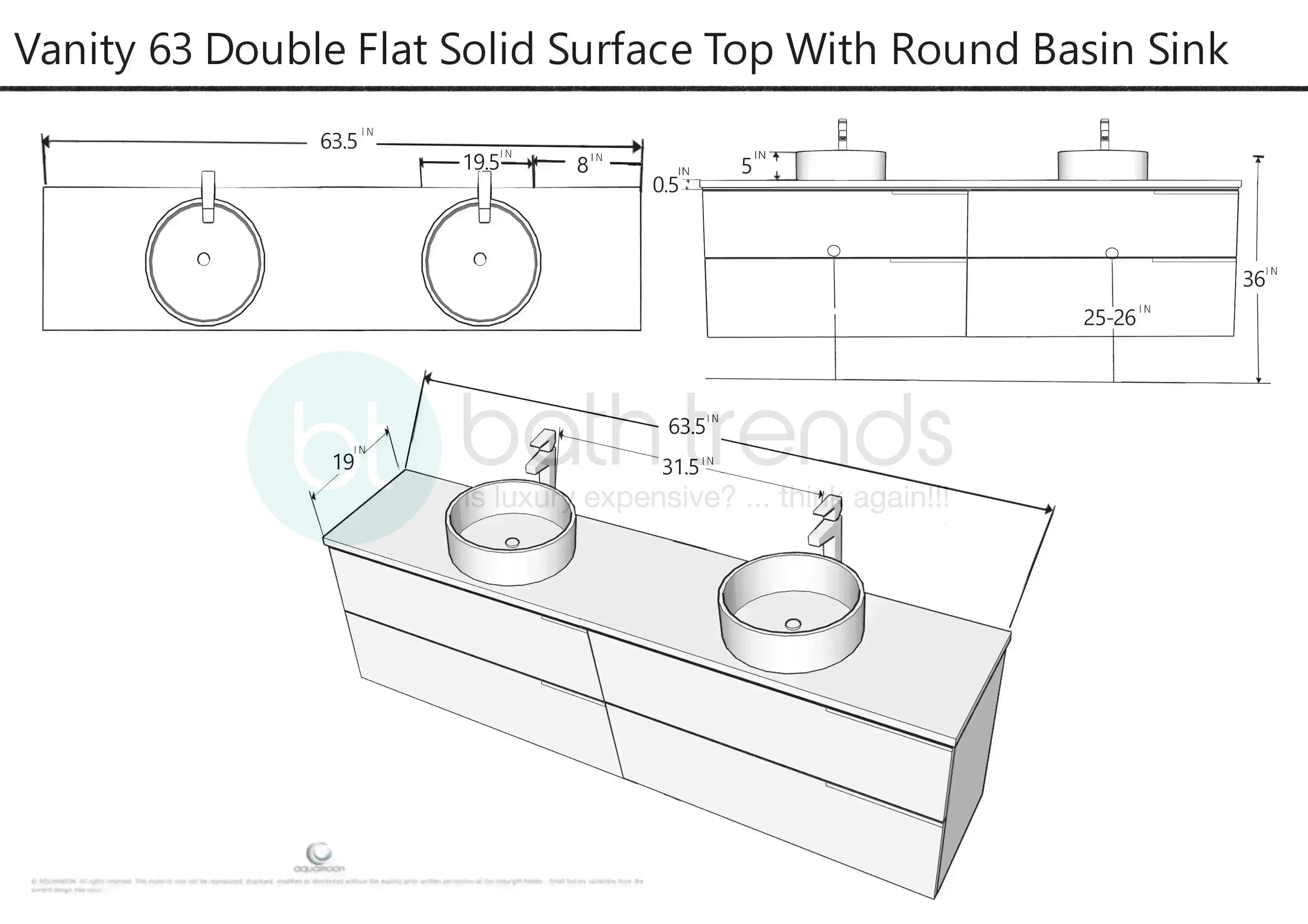 Venice 63 Anthracite High Gloss Cabinet, Solid Surface Flat White Counter And Two Round Solid Surface White Basin 1386, Wall Mounted Modern Vanity Set
