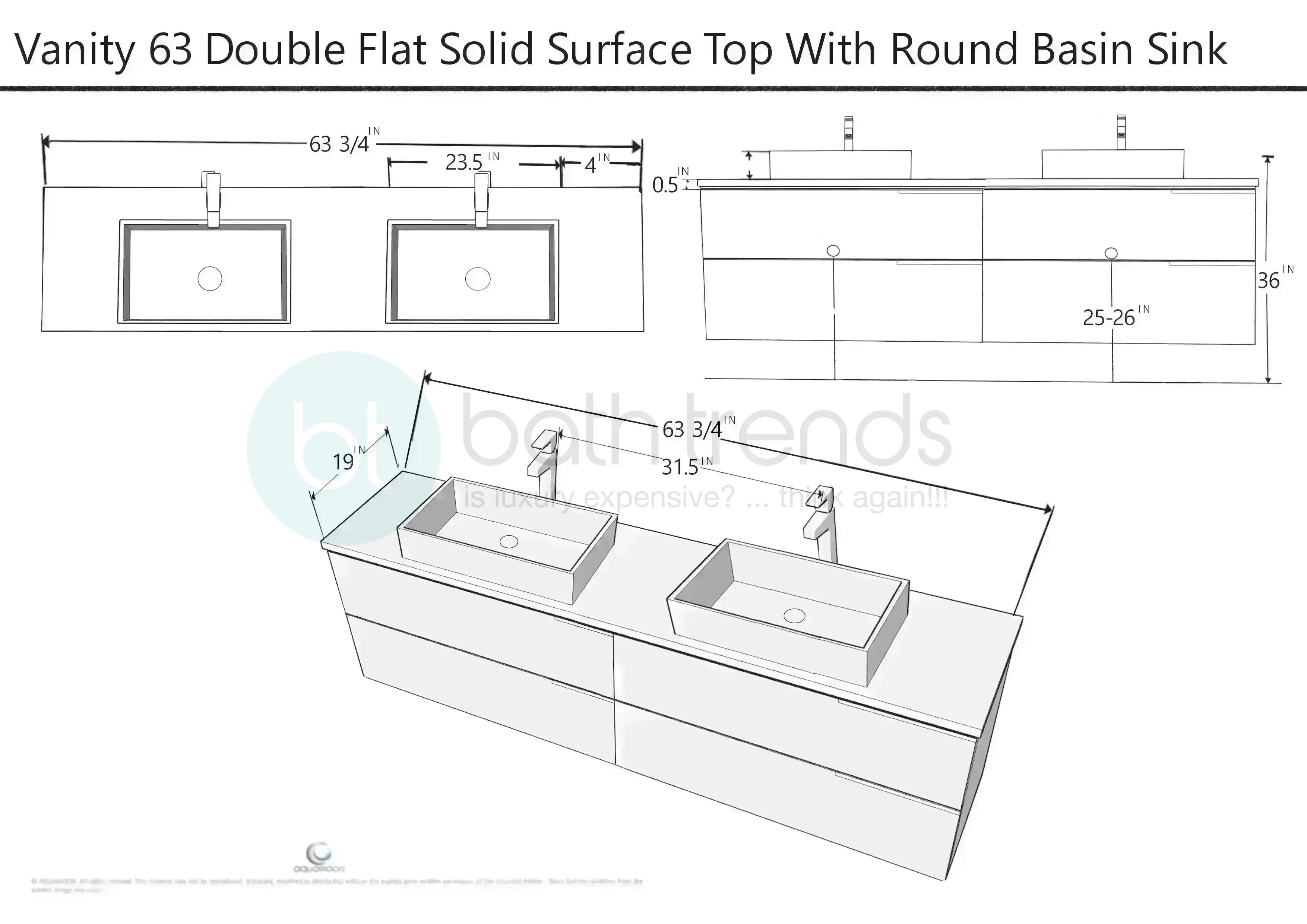 Piazza 63 Matte White With White Handle Cabinet, Solid Surface Flat Taupe Counter and Two Infinity Square Solid Surface Taupe Basin 1329, Wall Mounted Modern Vanity Set