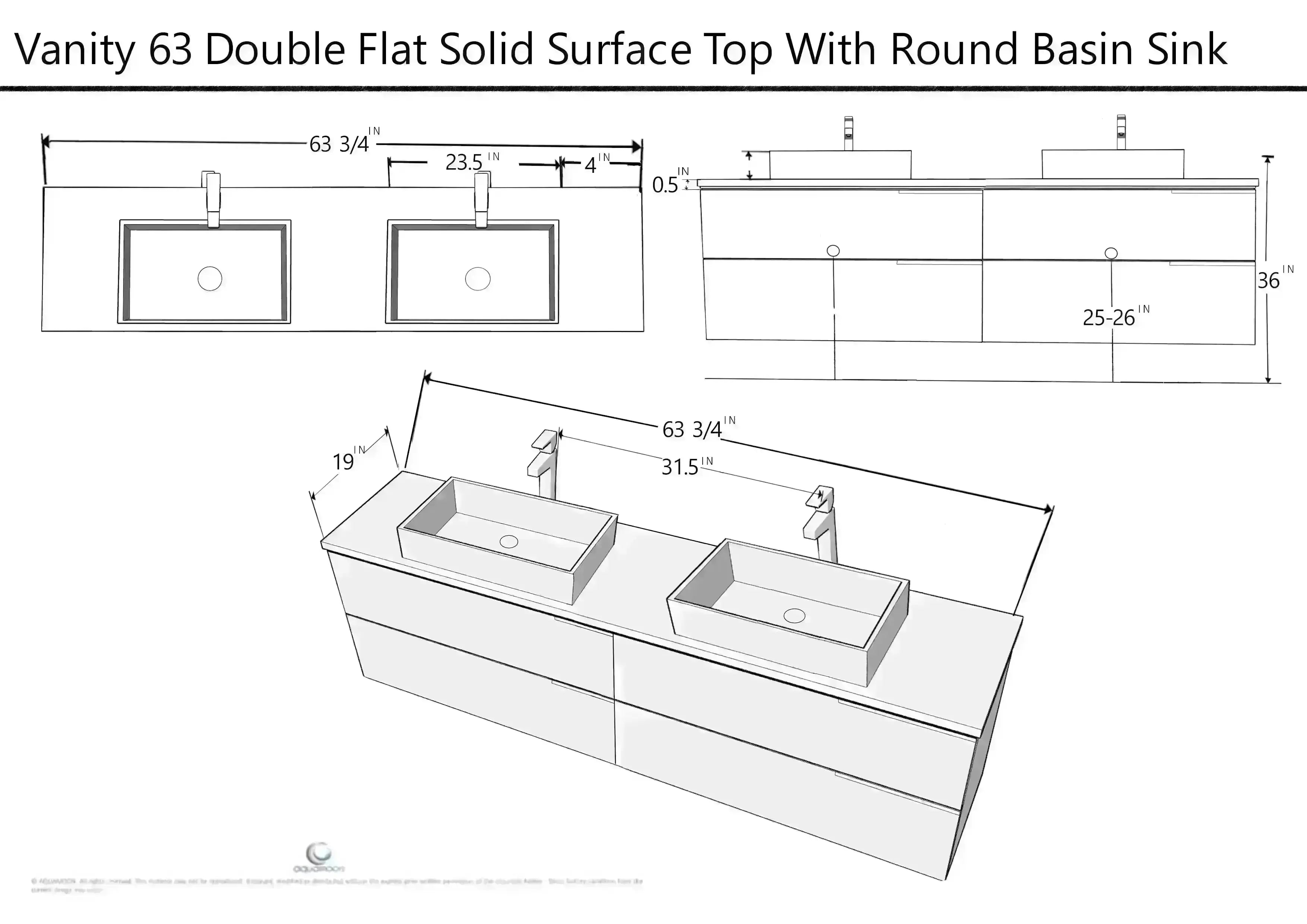 Piazza 63 Matte White With White Handle Cabinet, Solid Surface Flat Taupe Counter and Two Infinity Square Solid Surface Taupe Basin 1329, Wall Mounted Modern Vanity Set