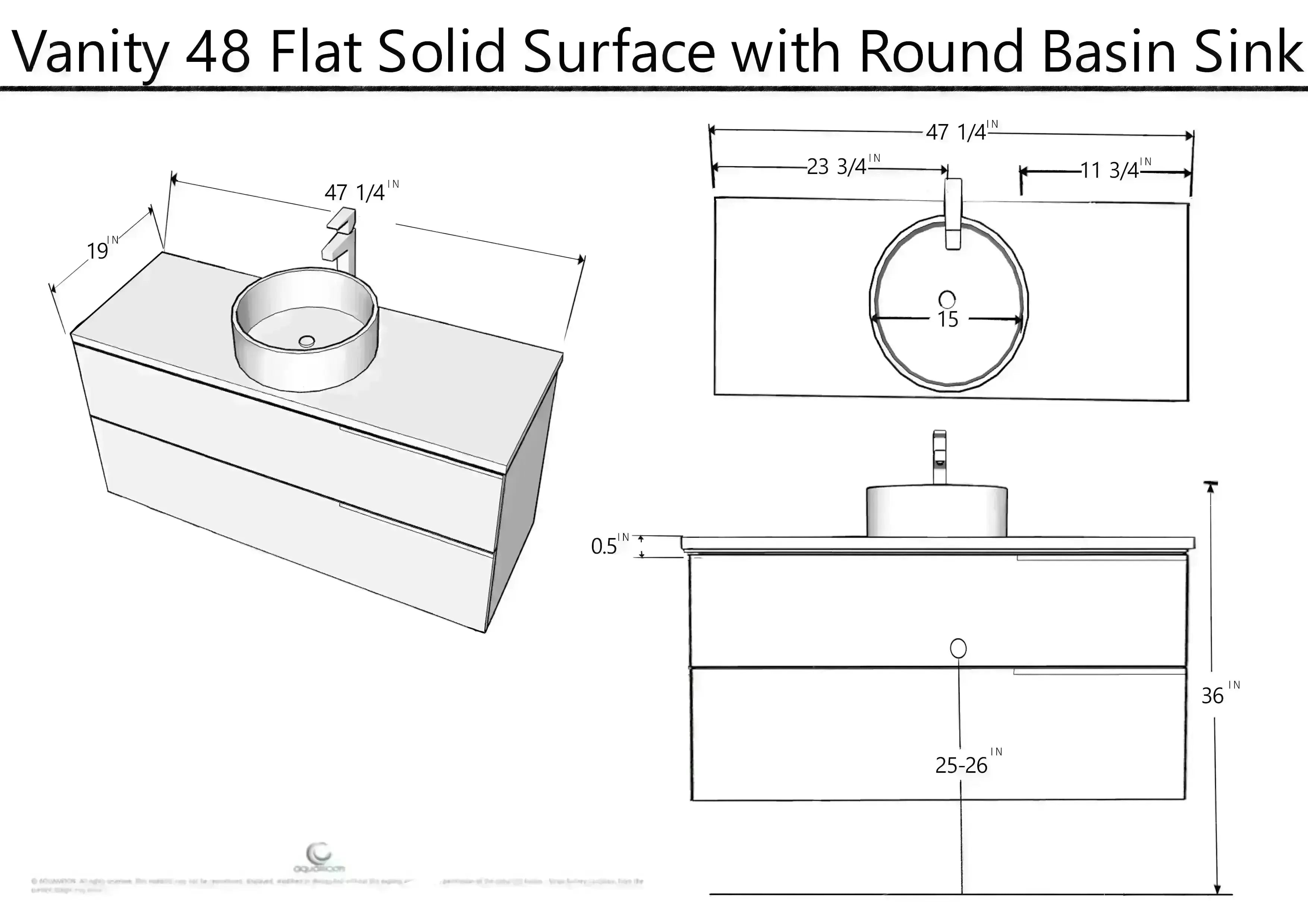 Piazza 47.5 Matte White With Black Marble Handle Cabinet, Solid Surface Flat White Counter and Round Solid Surface White Basin 1386, Wall Mounted Modern Vanity Set