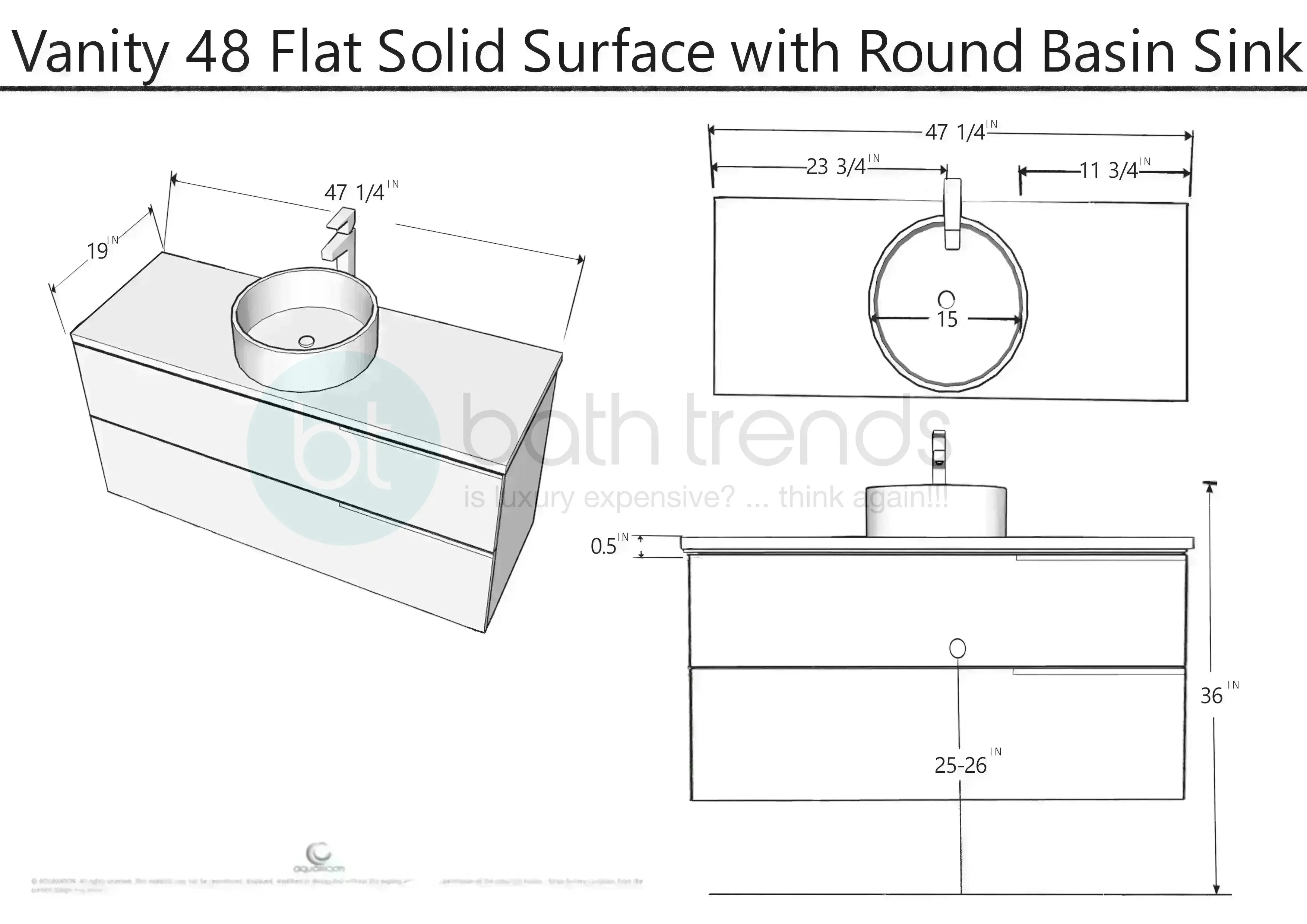 Piazza 47.5 Matte White With Black Marble Handle Cabinet, Solid Surface Flat White Counter and Round Solid Surface White Basin 1386, Wall Mounted Modern Vanity Set