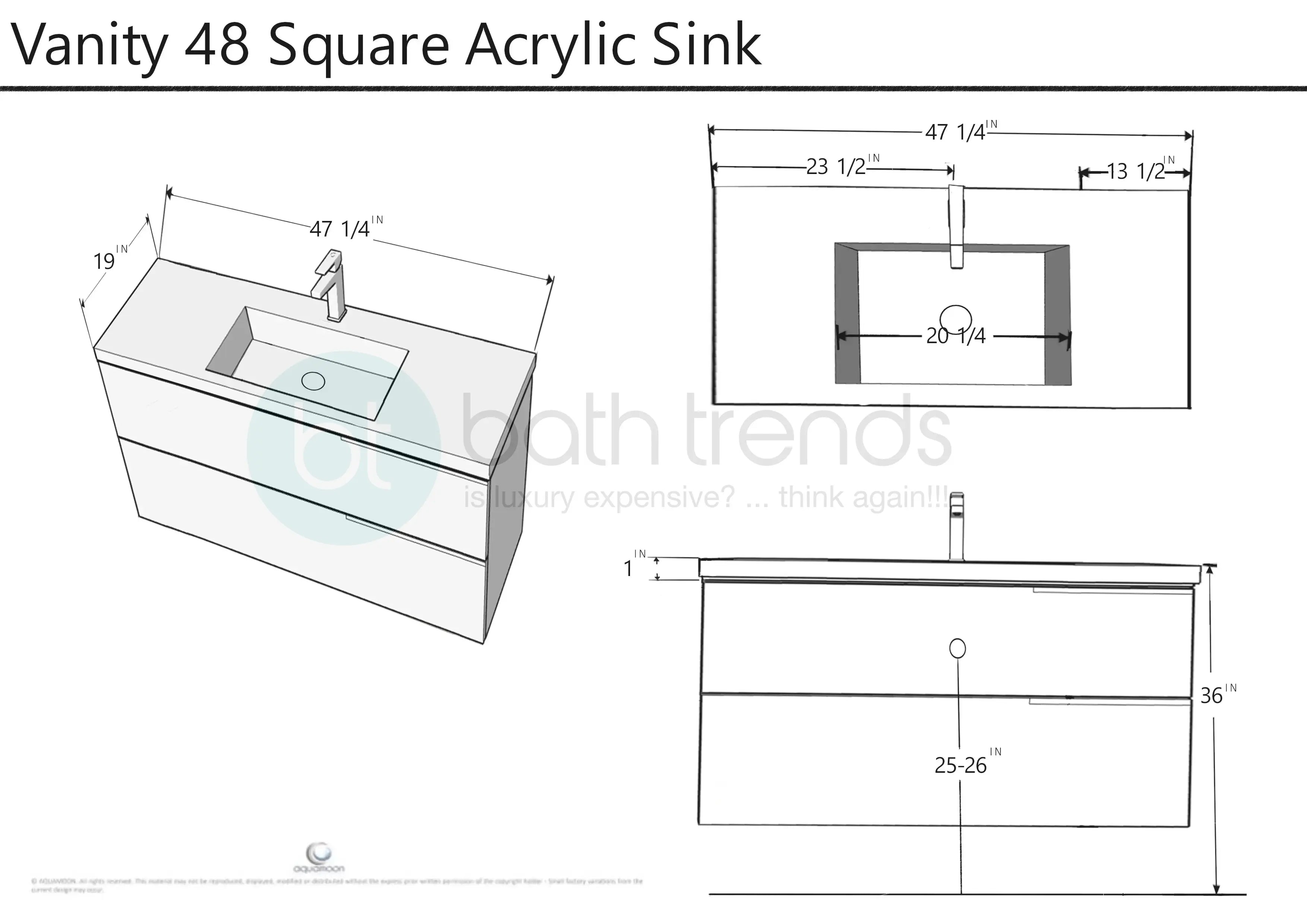 Venice 47.5 Anthracite High Gloss Cabinet, Square Cultured Marble Sink, Wall Mounted Modern Vanity Set
