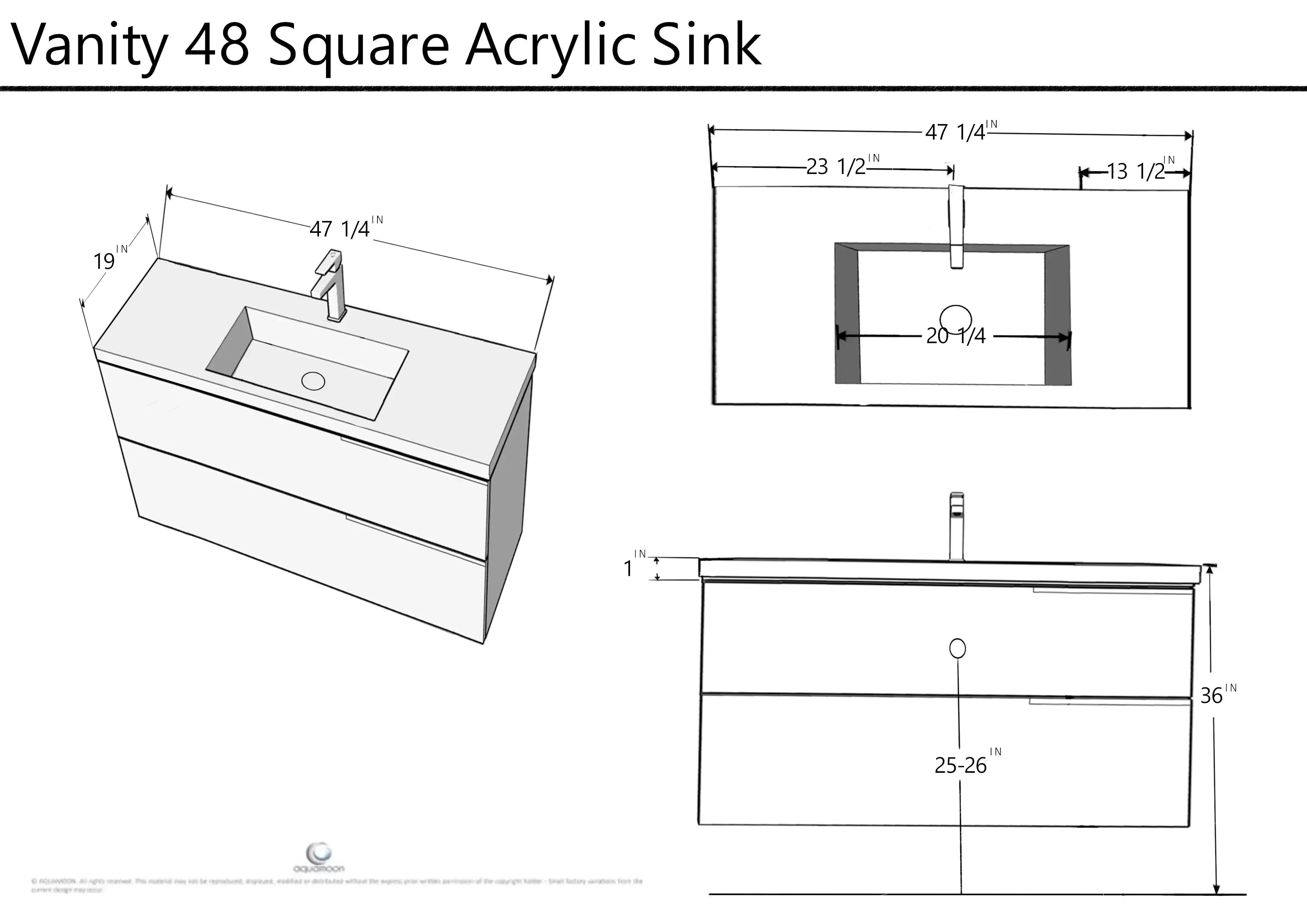 Venice 47.5 Anthracite High Gloss Cabinet, Square Cultured Marble Sink, Wall Mounted Modern Vanity Set