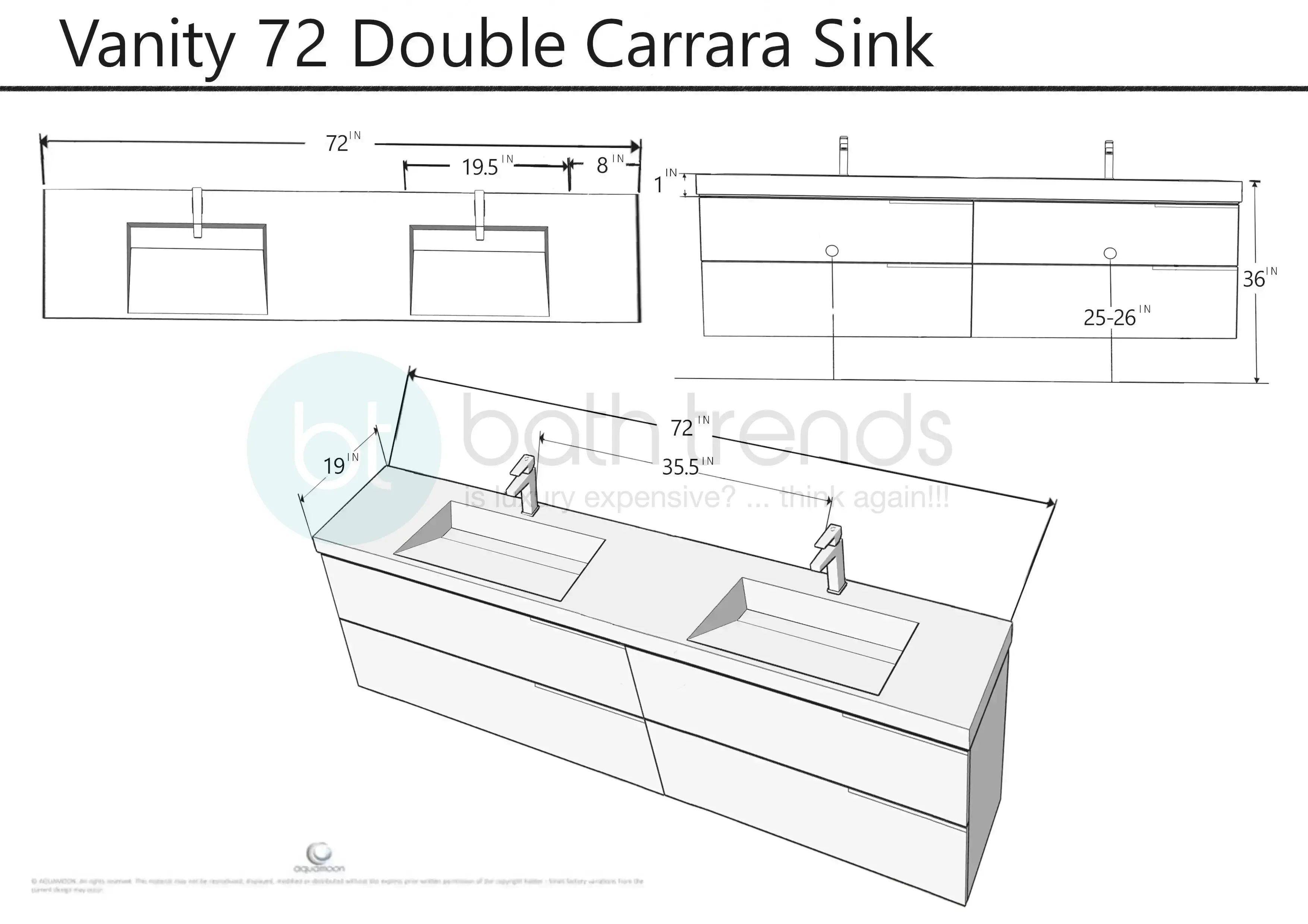 Garda 72 Matte White Cabinet, Solid Surface Matte White Carrara Infinity Double Sink, Wall Mounted Modern Vanity Set