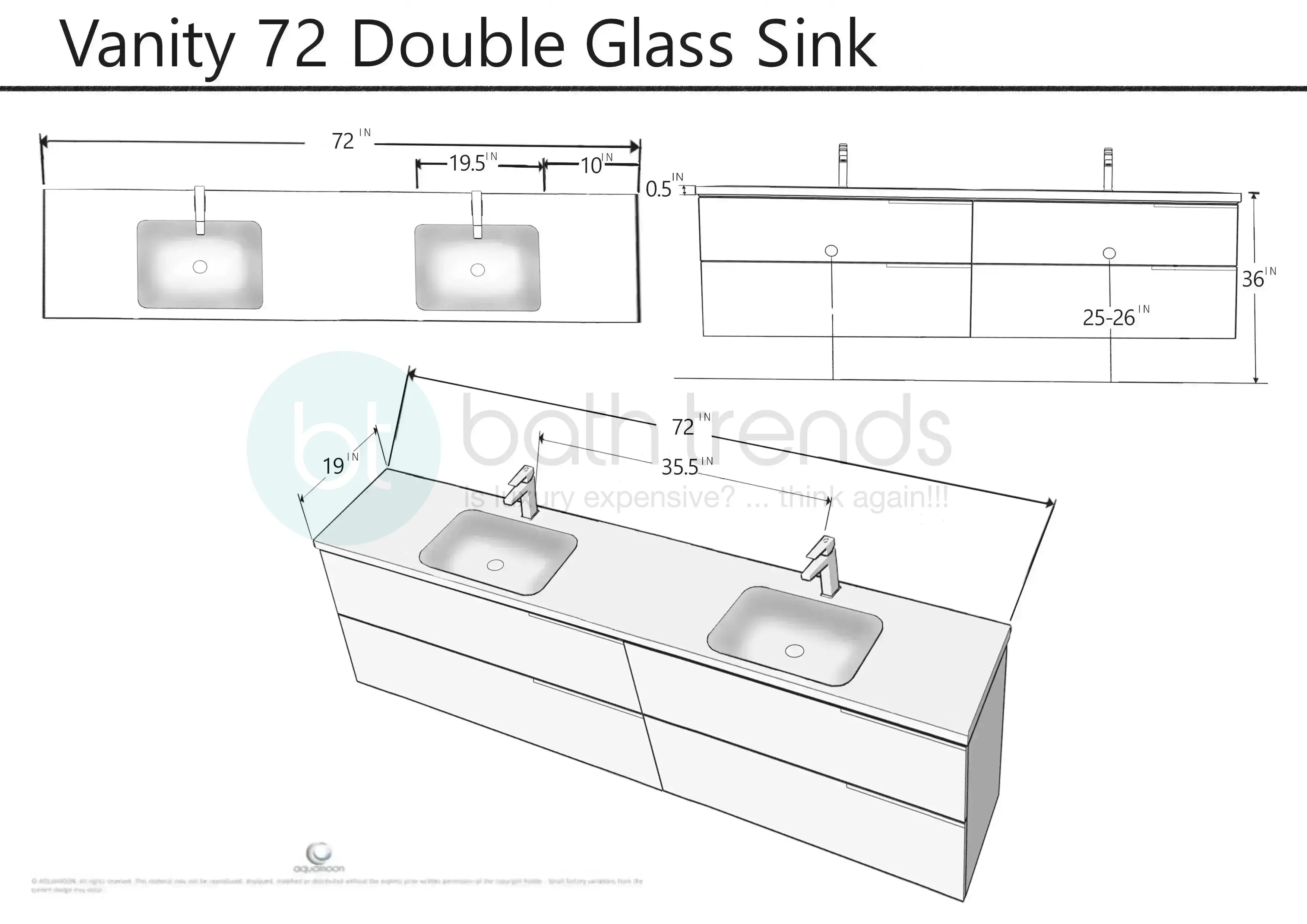 Vision 72 Natural Light Wood Cabinet, White Tempered Glass Double Sink, Wall Mounted Modern Vanity Set