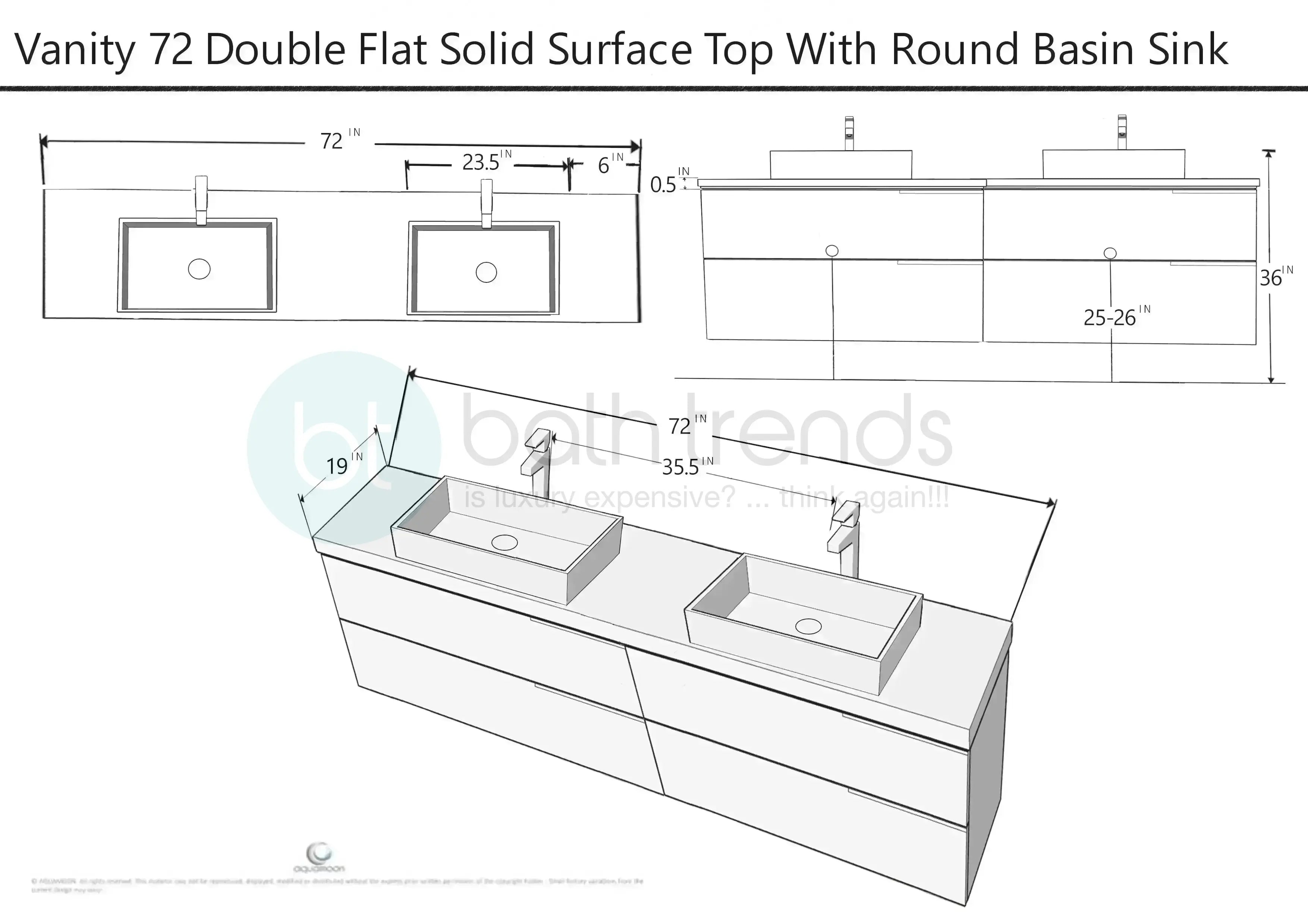 Garda 72 Matte White Cabinet, Solid Surface Flat Grey Counter and Two Infinity Square Solid Surface Grey Basin 1329, Wall Mounted Modern Vanity Set