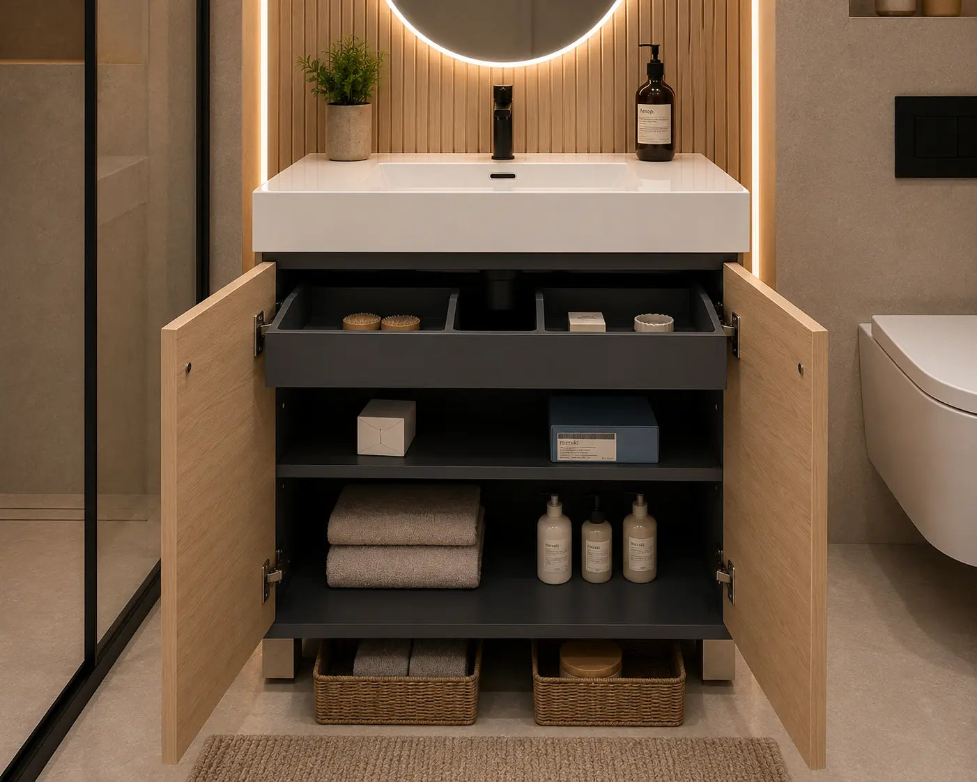 Dali 31.5 Single Natural Oak Cabinet, Acrylic Square Sink, Freestanding Modern Vanity Set (Copy)
