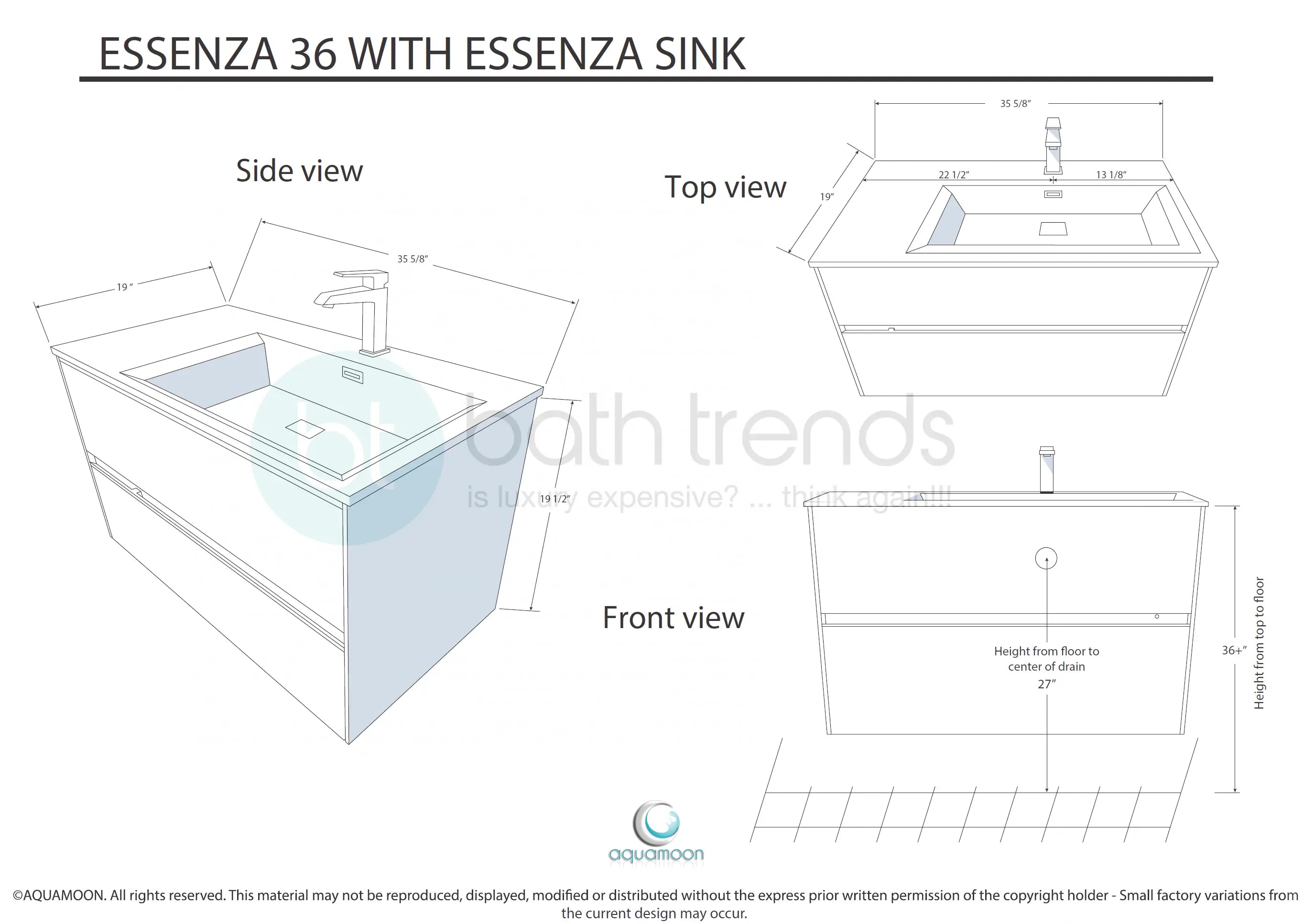 Essenza 35.5" Cabinet, Square Cultured Marble Sink, Wall Mounted Modern Vanity Set