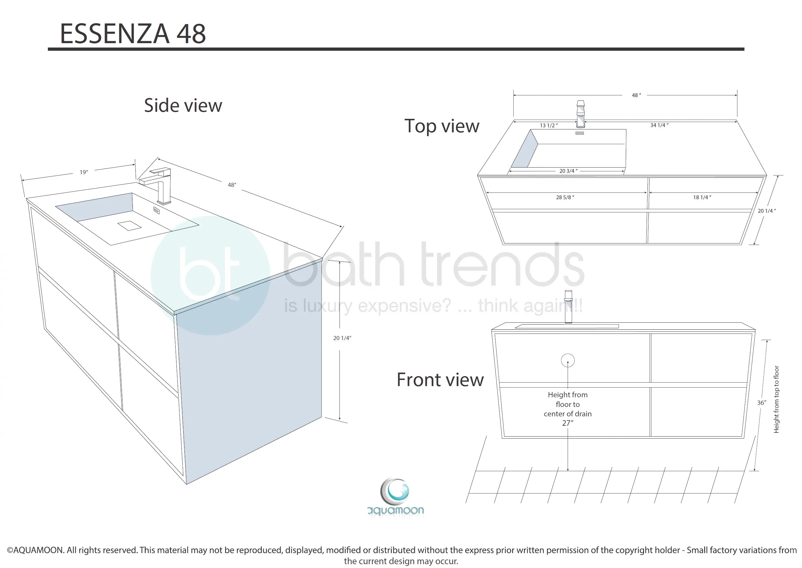 Essenza 47.5" Cabinet, Square Cultured Marble Sink, Wall Mounted Modern Vanity Set