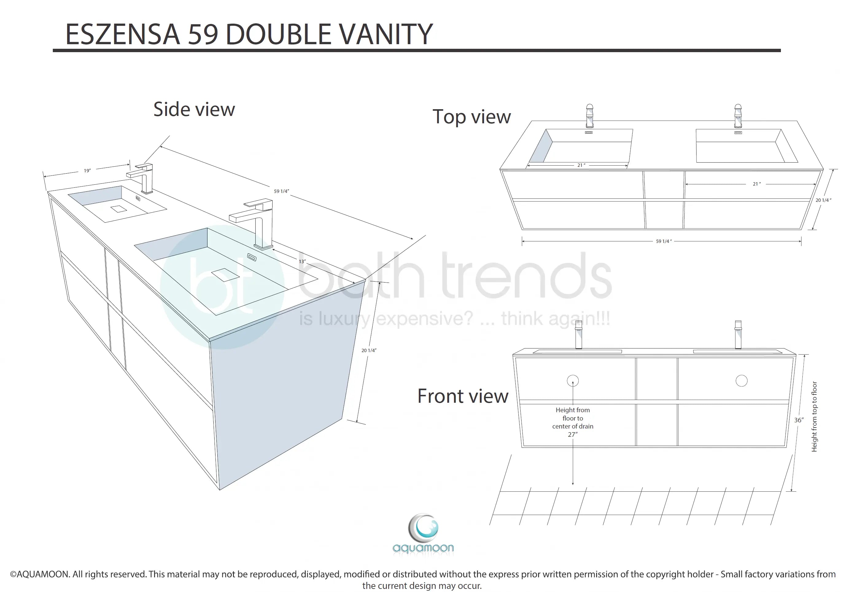 Essenza 59.5" Cabinet, Square Cultured Marble Sink, Wall Mounted Modern Double Vanity Set