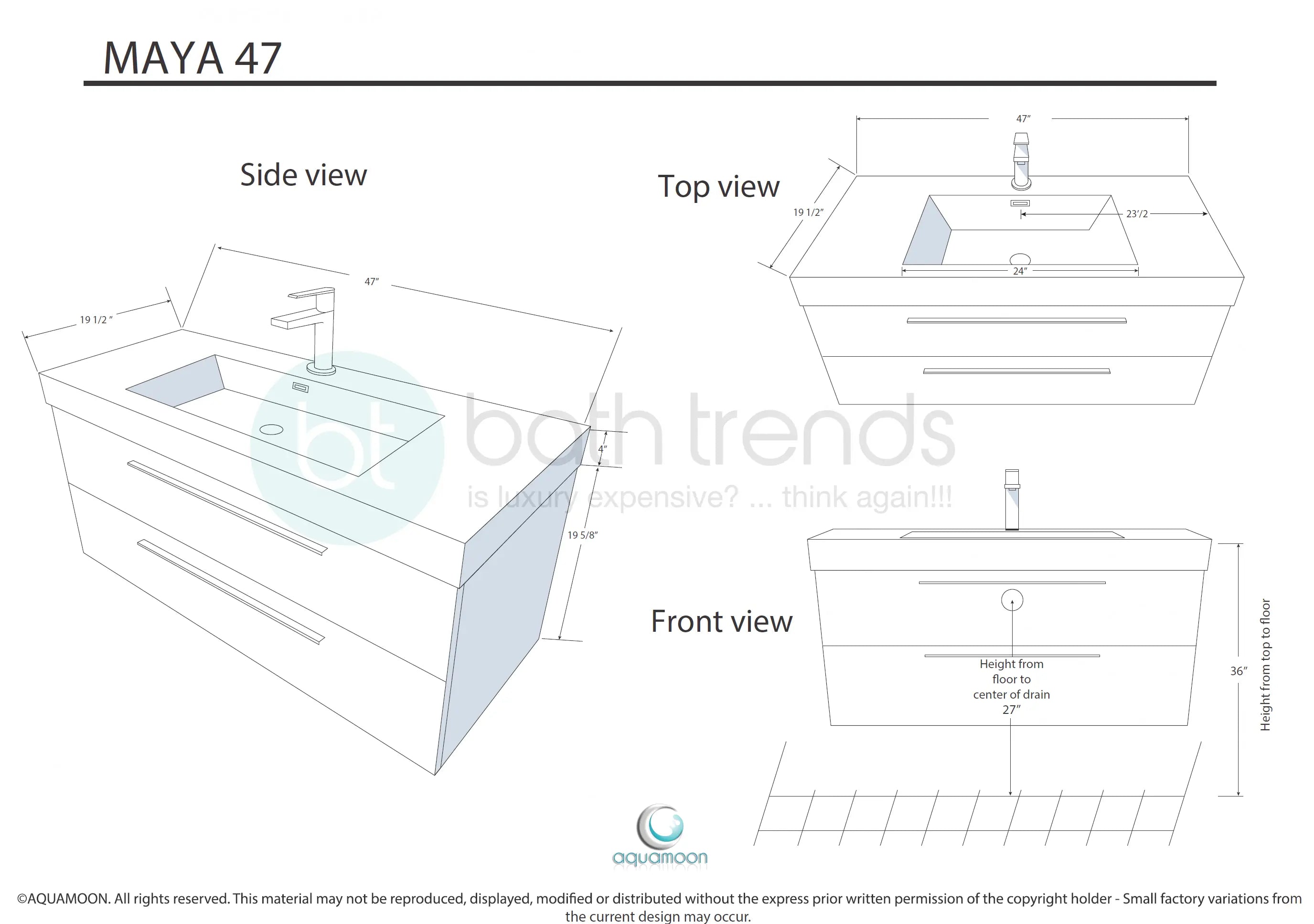 Maya 47.5 Nilo Grey Wood Texture Cabinet, Square Cultured Marble Sink, Wall Mounted Modern Vanity Set