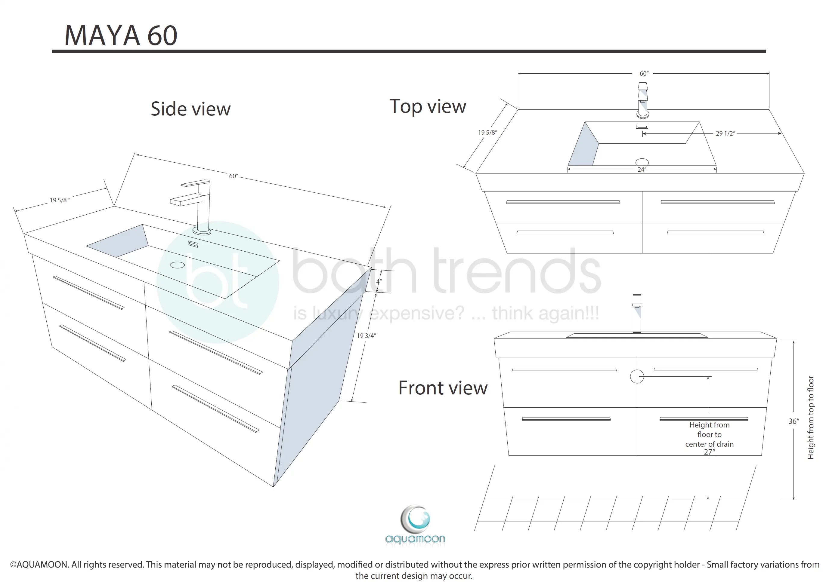 Maya 59 White High Gloss Cabinet, Square Cultured Marble Sink, Wall Mounted Modern Vanity Set