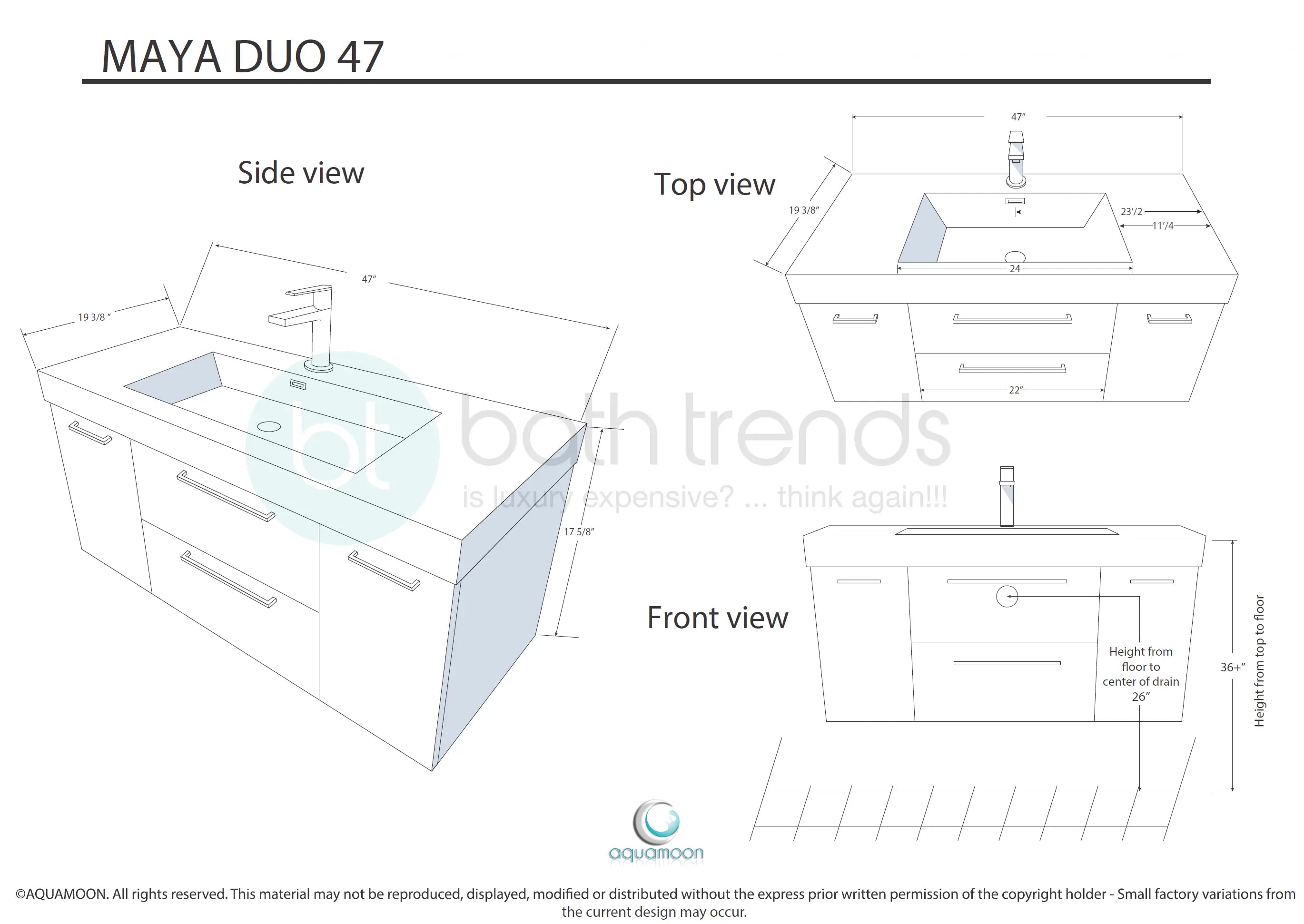 Maya Duo 47.5 White High Gloss Cabinet, Square Cultured Marble Sink, Wall Mounted Modern Vanity Set