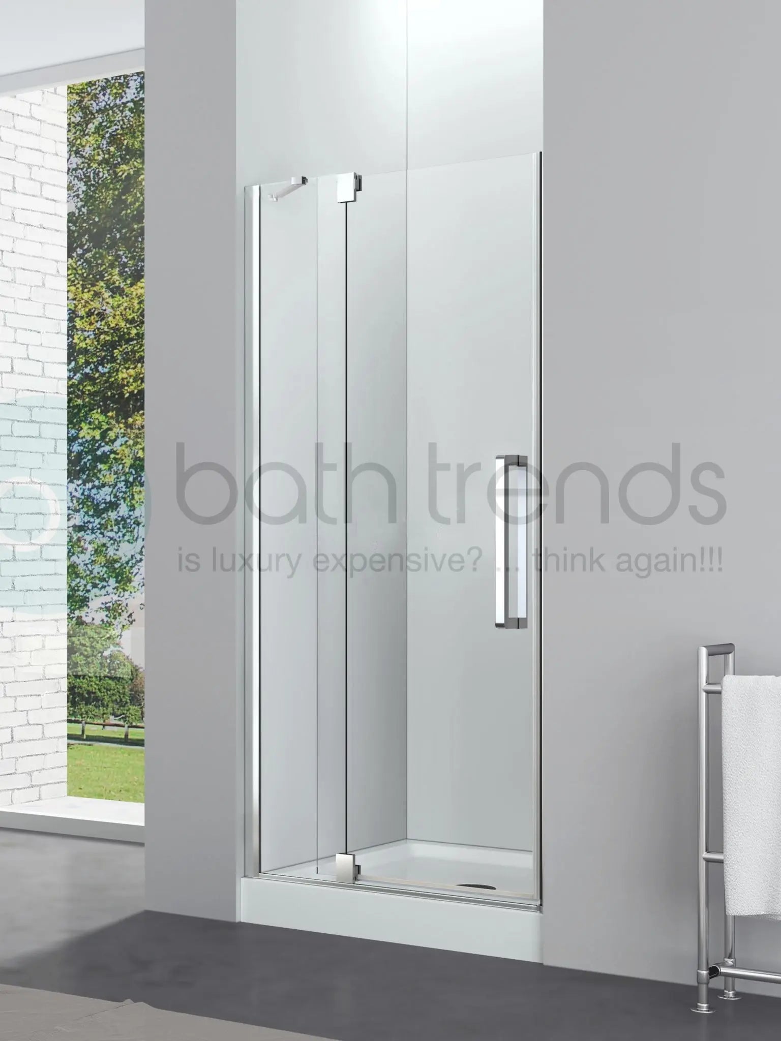 Aquamoon Mirage Semi Frameless Shower Door W 48 x H 76, One Fix Panel and One Swing Door, Chrome Finish