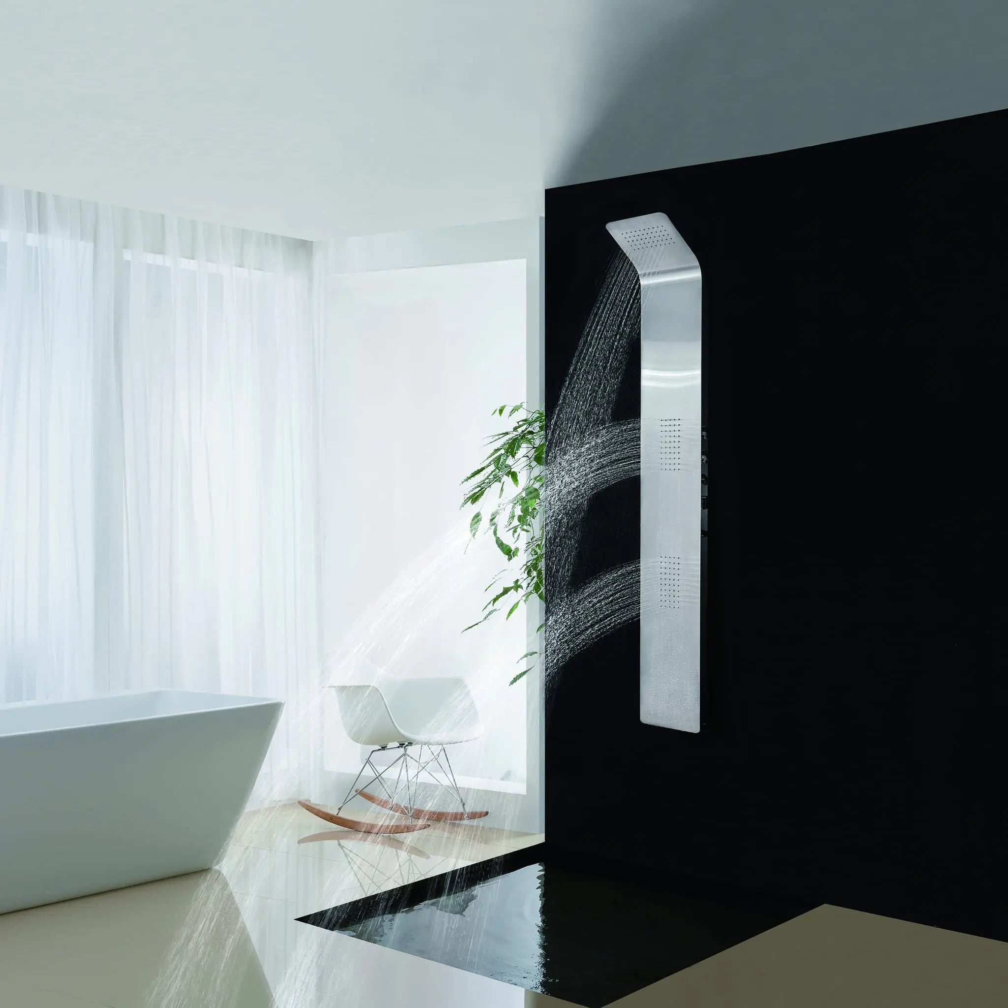 Aquamoon AURA Stainless Steel Recessed Bathroom Shower Panel 63 x 9.75 with Rainfall Shower Head + Handheld Shower + Massage Body Jets