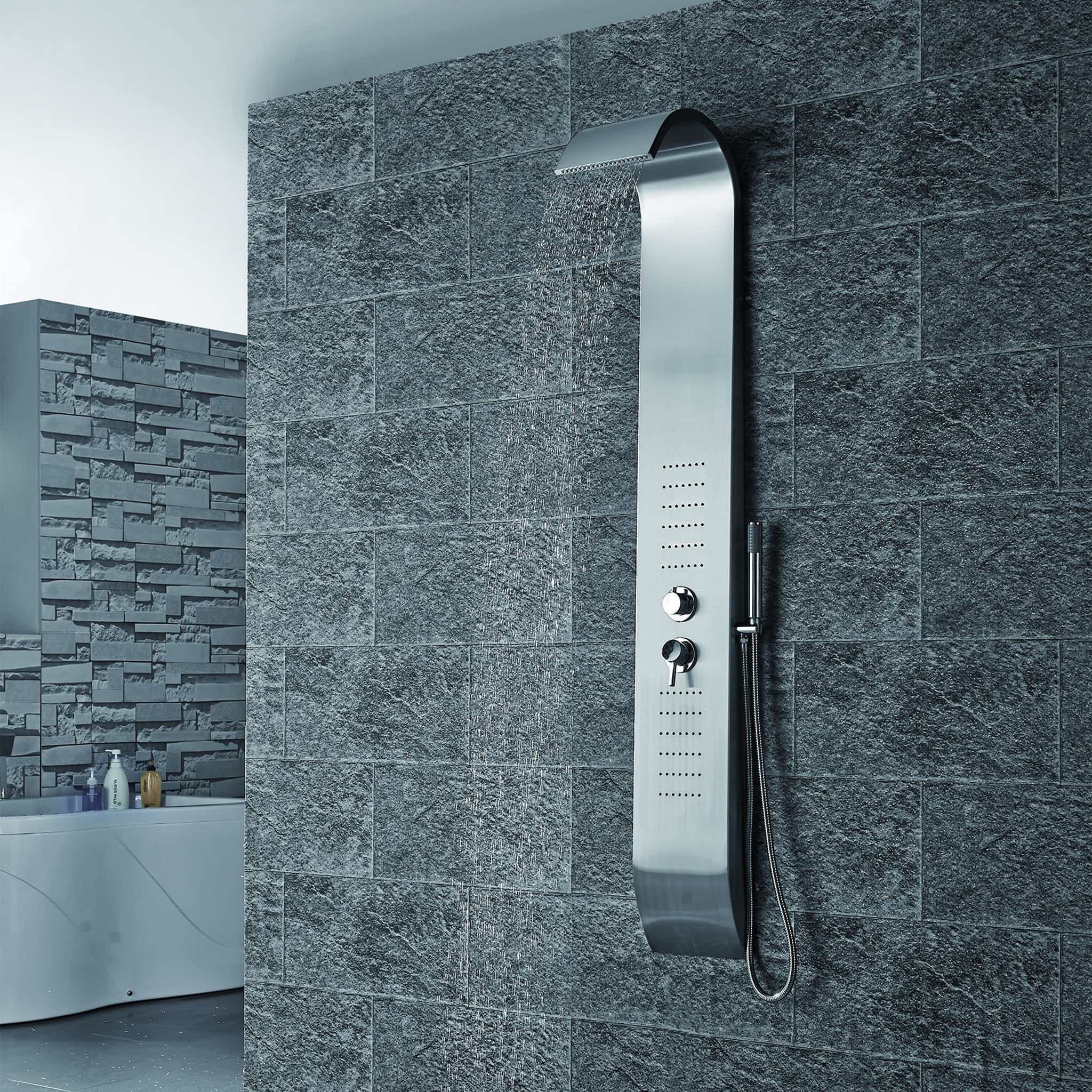 Aquamoon BASTIA Wall Mount Bathroom Shower Panel 60 x 10 with Rainfall Shower Head + Handheld Shower + Massage Body Jets