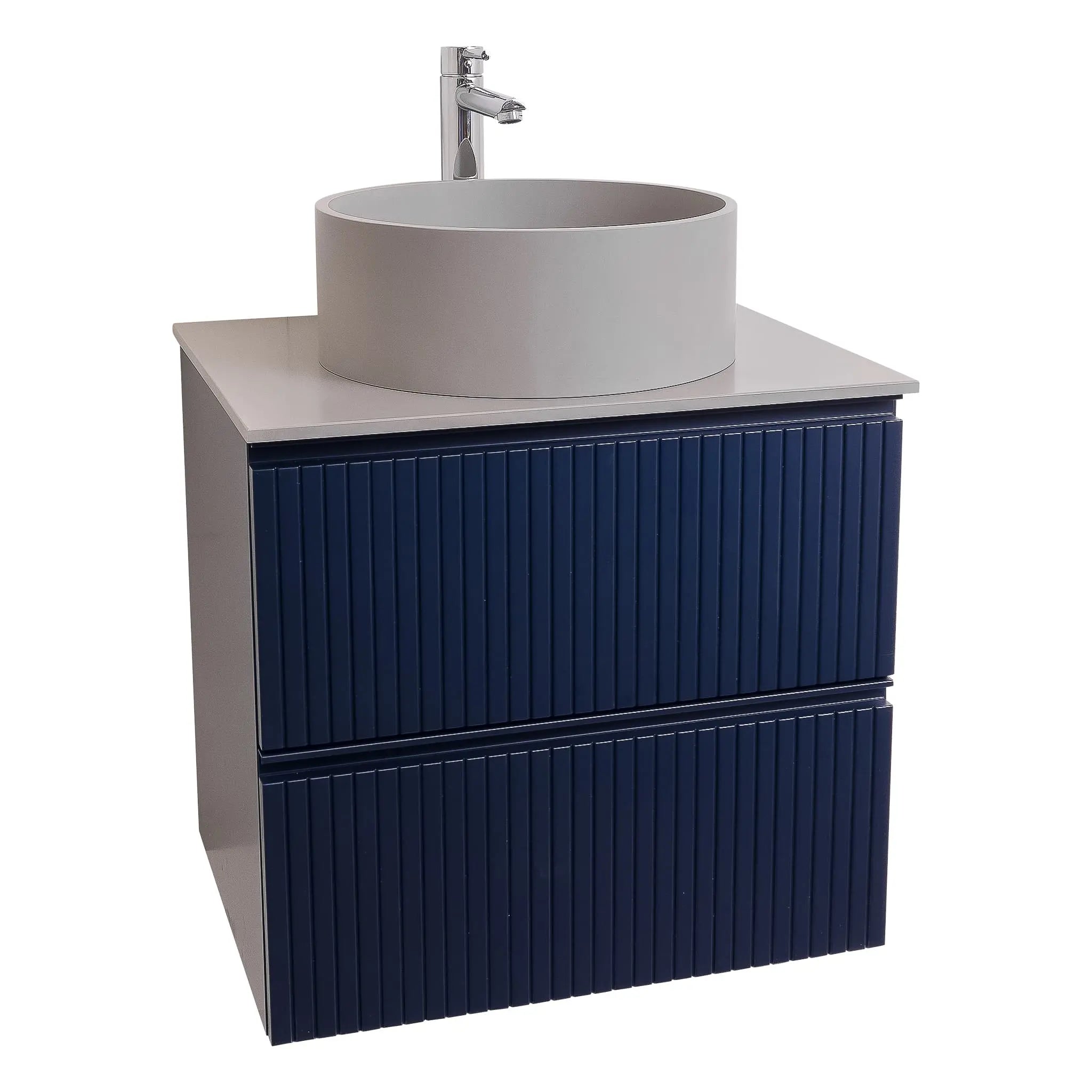 Ares 23.5 Matte Navy Blue Cabinet, Solid Surface Flat Grey Counter And Round Solid Surface Grey Basin 1386, Wall Mounted Modern Vanity Set