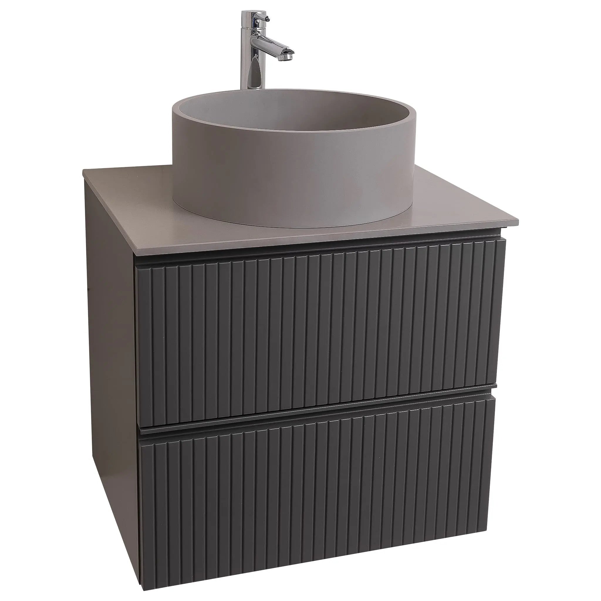 Ares 23.5 Matte Grey Cabinet, Solid Surface Flat Grey Counter And Round Solid Surface Grey Basin 1386, Wall Mounted Modern Vanity Set